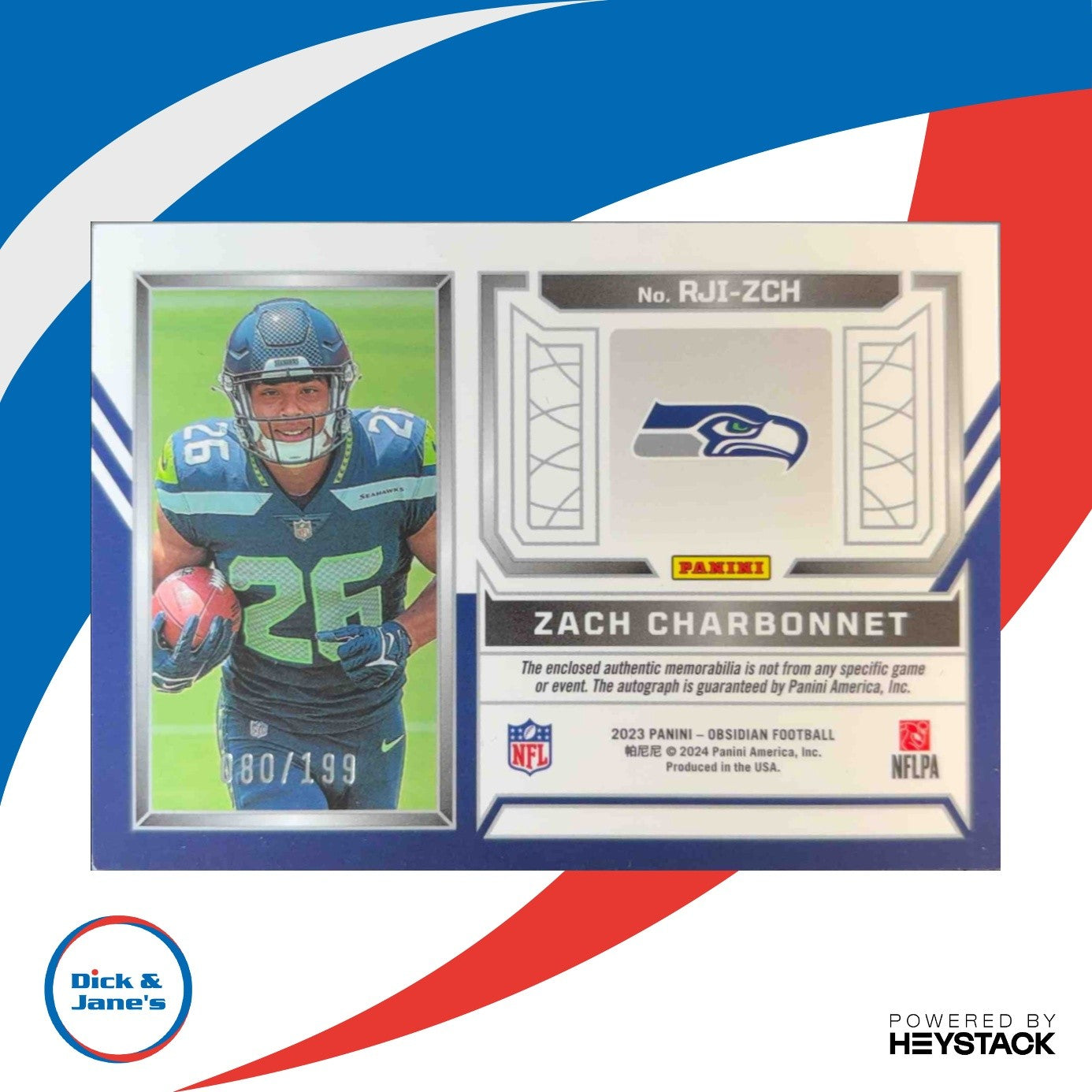 2023 Panini Obsidian Zach Charbonnet Rookie Jersey Ink 80/199 RC Auto Seahawks