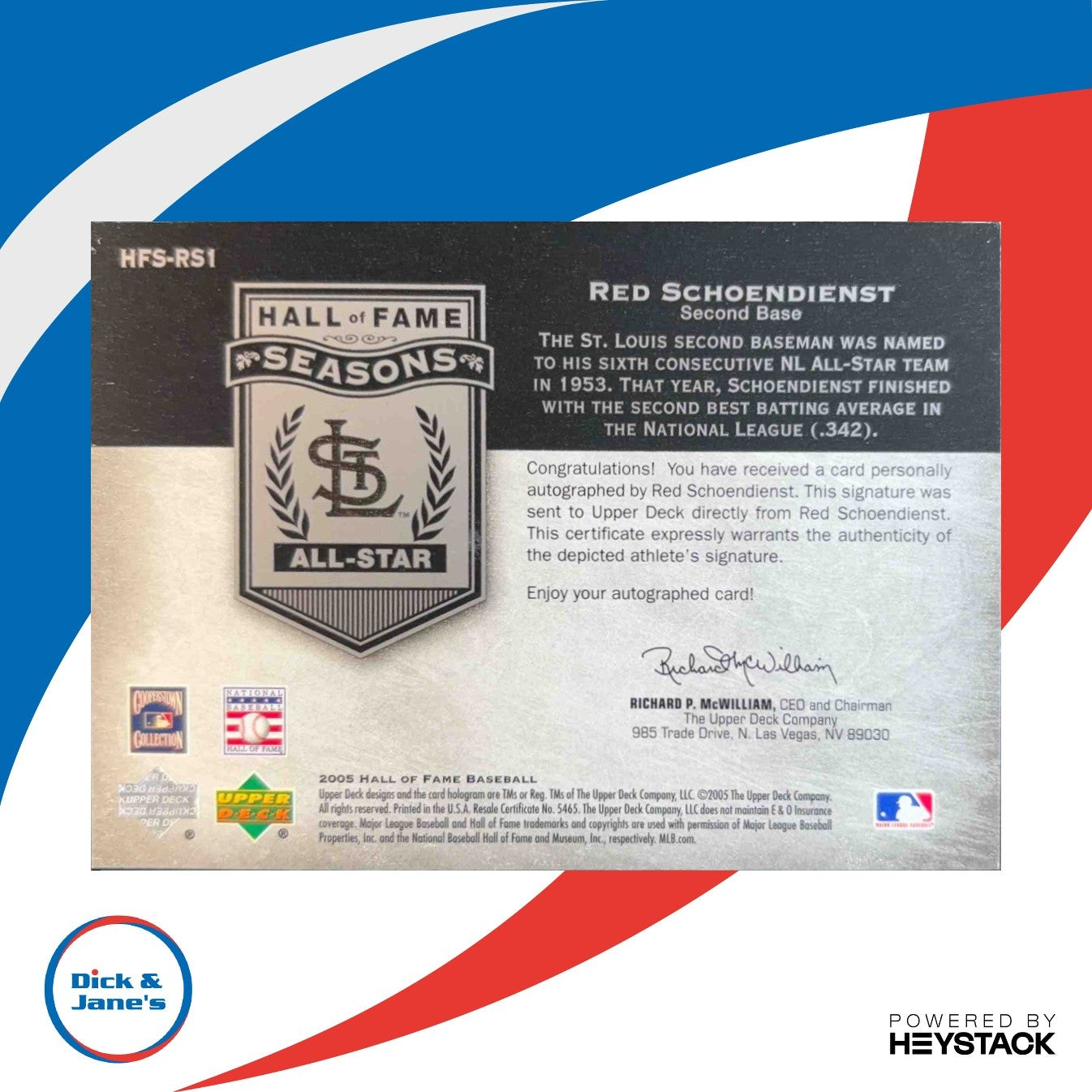 2005 Upper Deck Hall of Fame Red Schoendienst Seasons Auto Silver /15 Cardinals