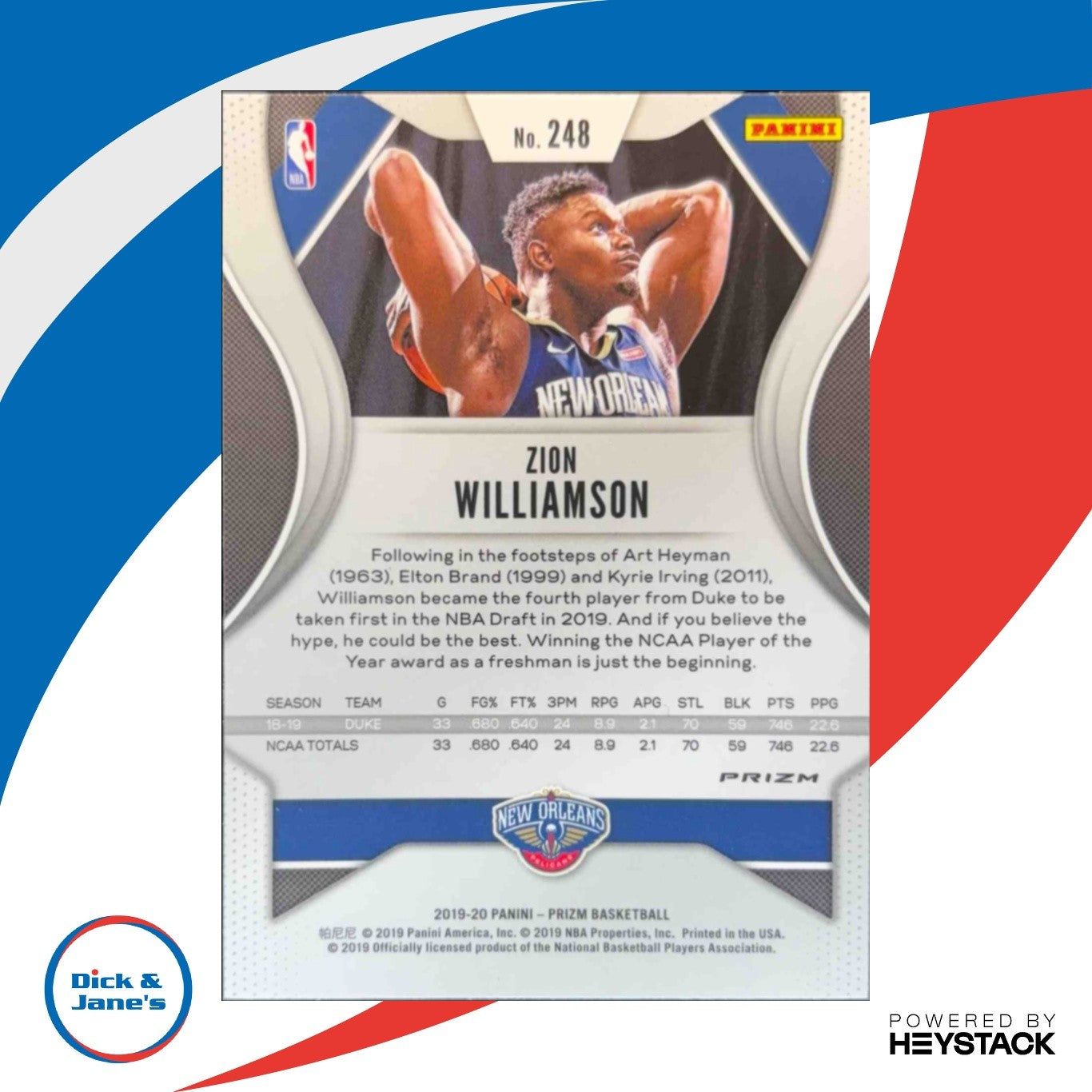 2019-20 Panini Prizm Zion Williamson #248 RC New Orleans Pelicans