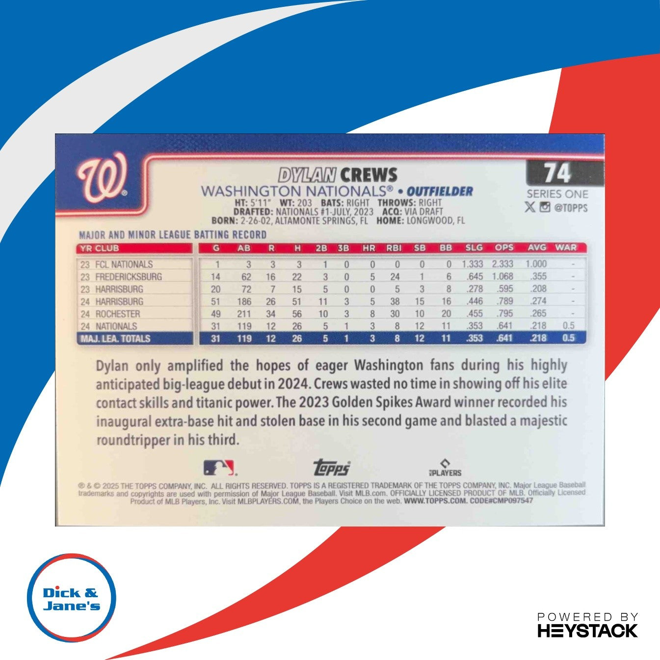 2025 Topps Dylan Crews Sandglitter #74 RC Washington Nationals