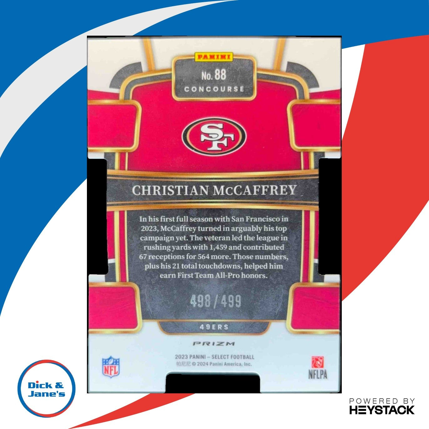2023 Select Christian McCaffrey Orange Prizms Die Cut 498/499 Concourse 49ers