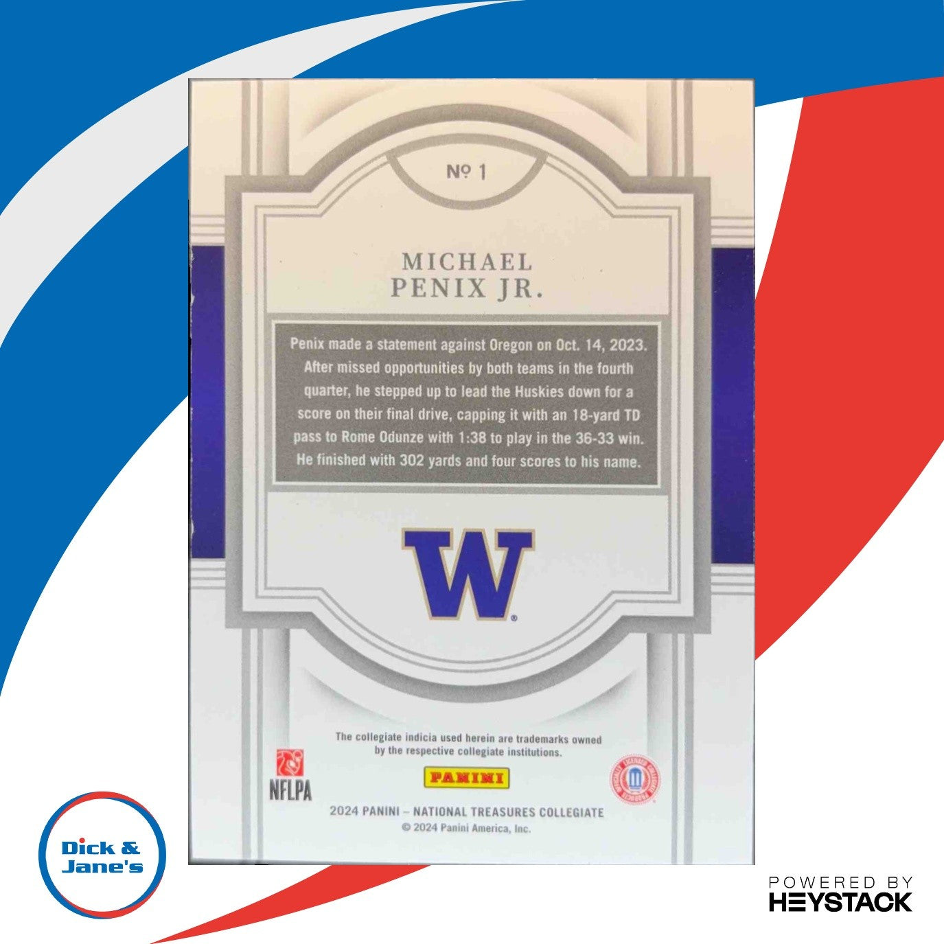 2024 Panini National Treasures Collegiate Silver #1 Michael Penix Jr /50 Huskies