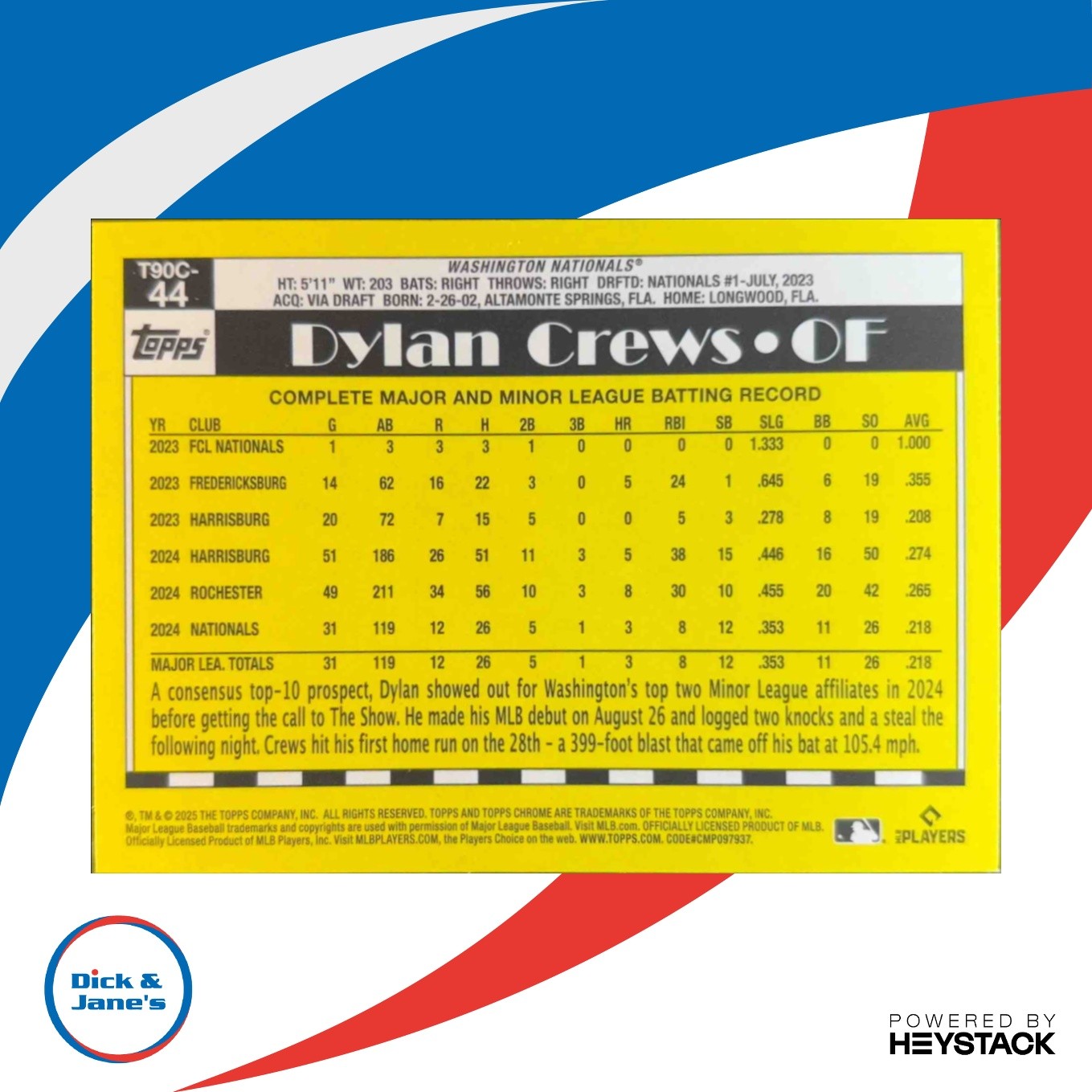 2025 Topps Dylan Crews 1990 Chrome Silver Pack #T90C-44 RC Washington Nationals