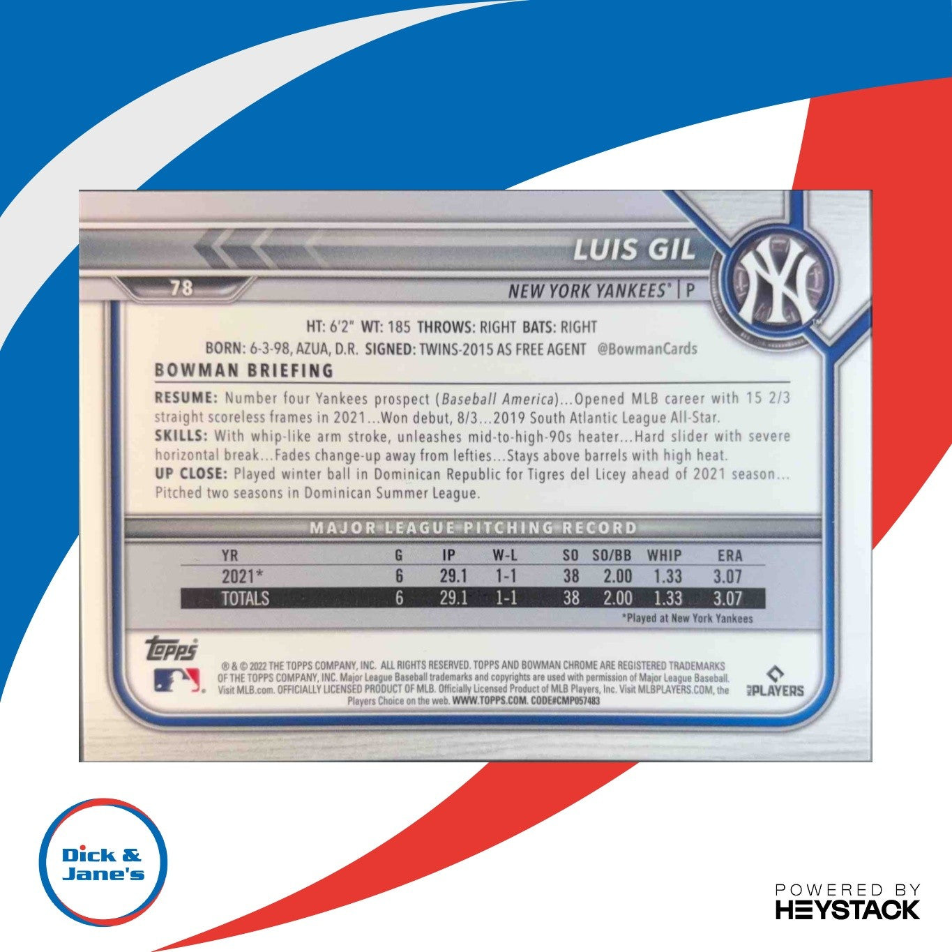 2022 Bowman Chrome Sapphire Luis Gil Aqua 99/99 #78 RC New York Yankees