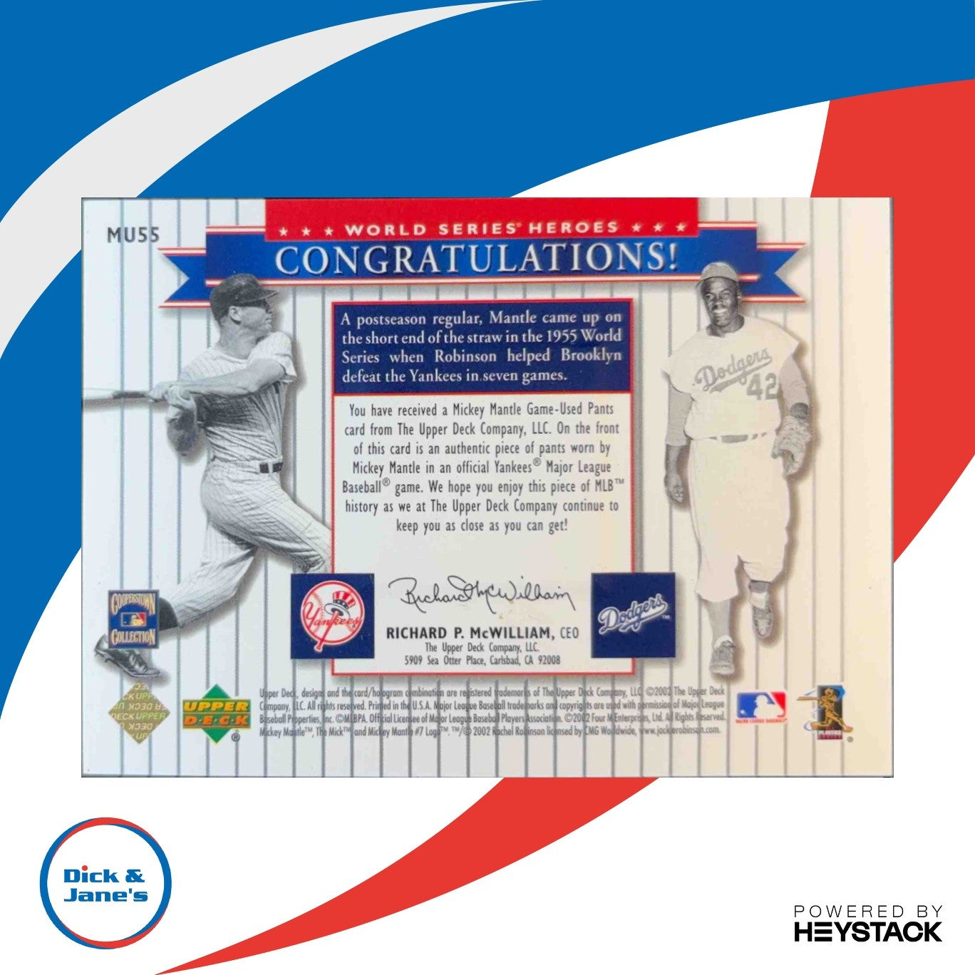 2002 Upper Deck World Series Heroes Classic Mickey Mantle Pants Jackie Robinson