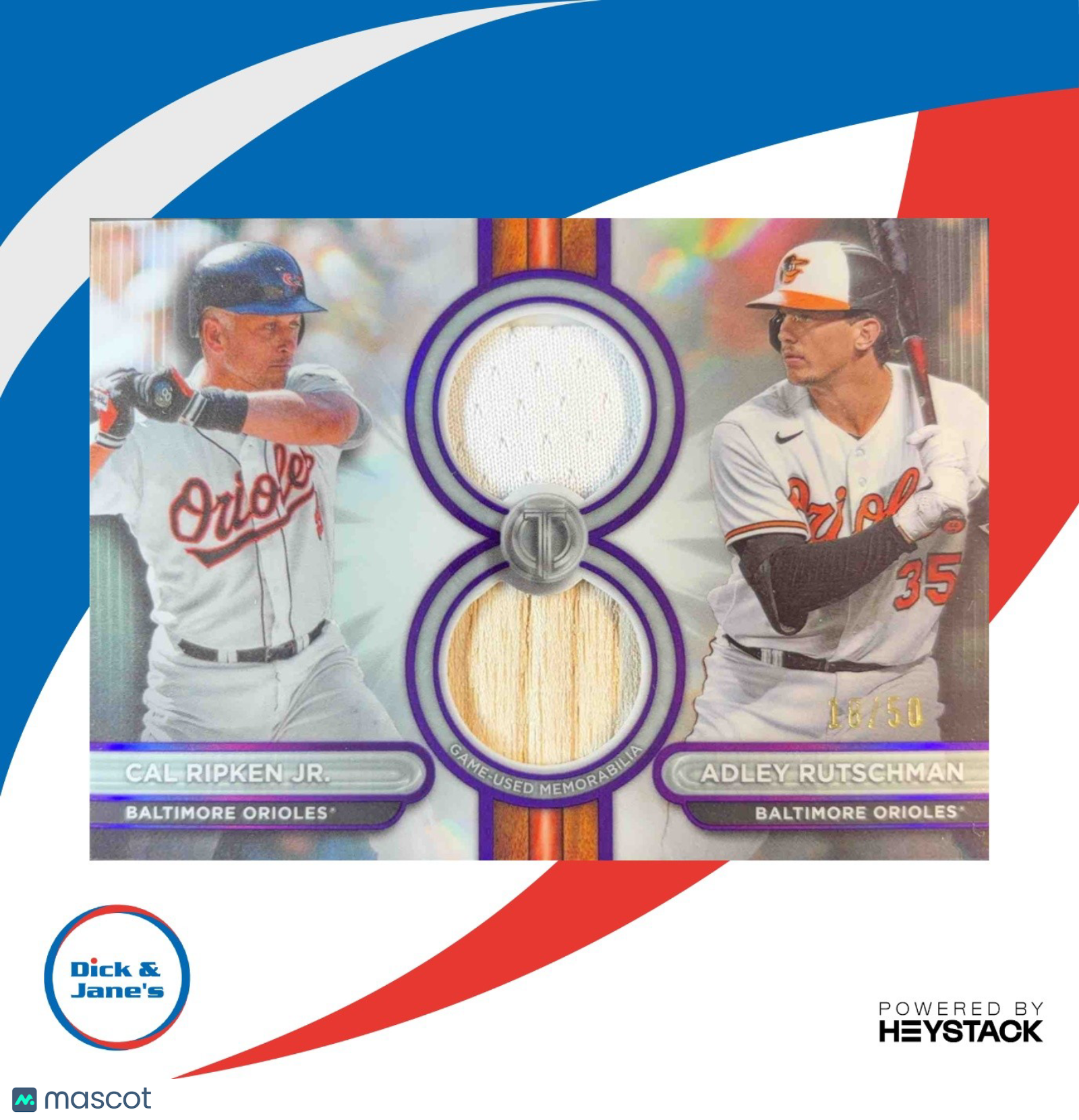 2024 Topps Tribute Adley Rutschman / Cal Ripken Jr /50 Dual Relics Purple 18/50
