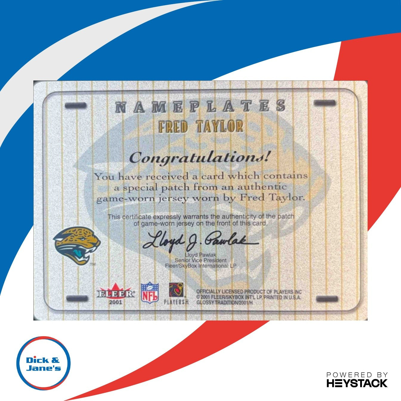 2001 Fleer Tradition Glossy Nameplates Patch Fred Taylor Jacksonville Jaguars