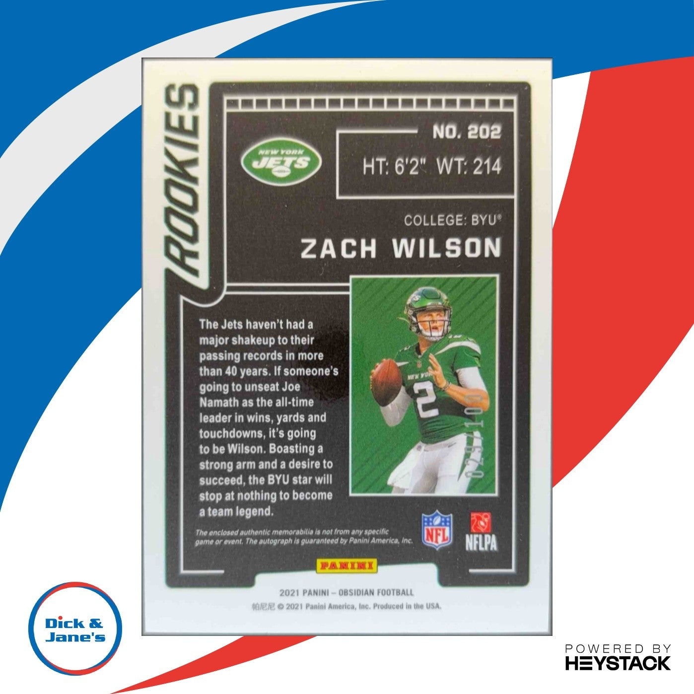 2021 Panini Obsidian Zach Wilson /100 #202 Memorabilia Auto RC New York Jets