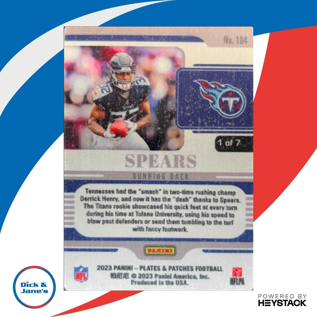 2023 Panini Plates & Patches Tyjae Spears Metal Lava Drip /7 #184 Rookie Titans