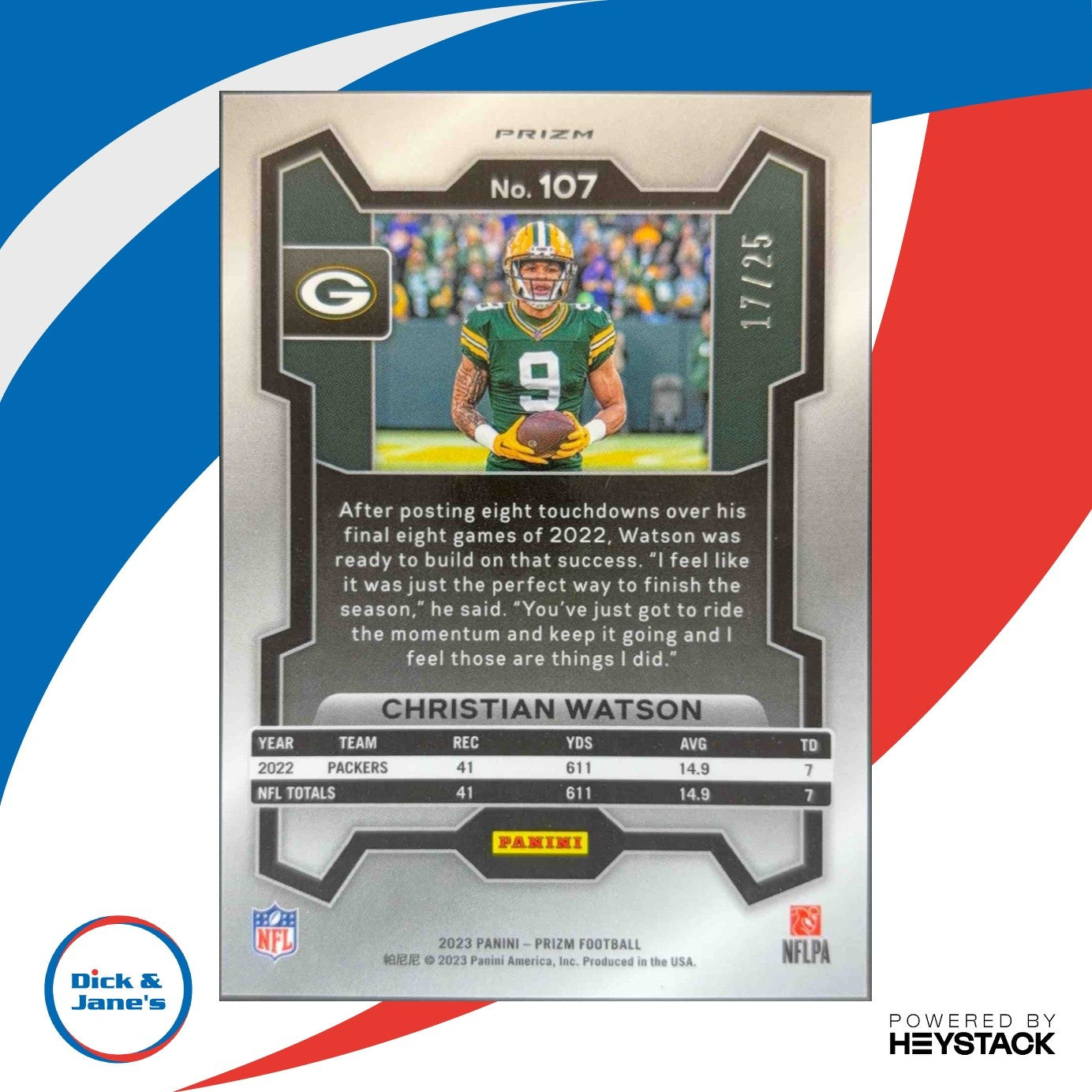 2023 Panini Prizm Christian Watson Navy Camo /25 #107 Green Bay Packers