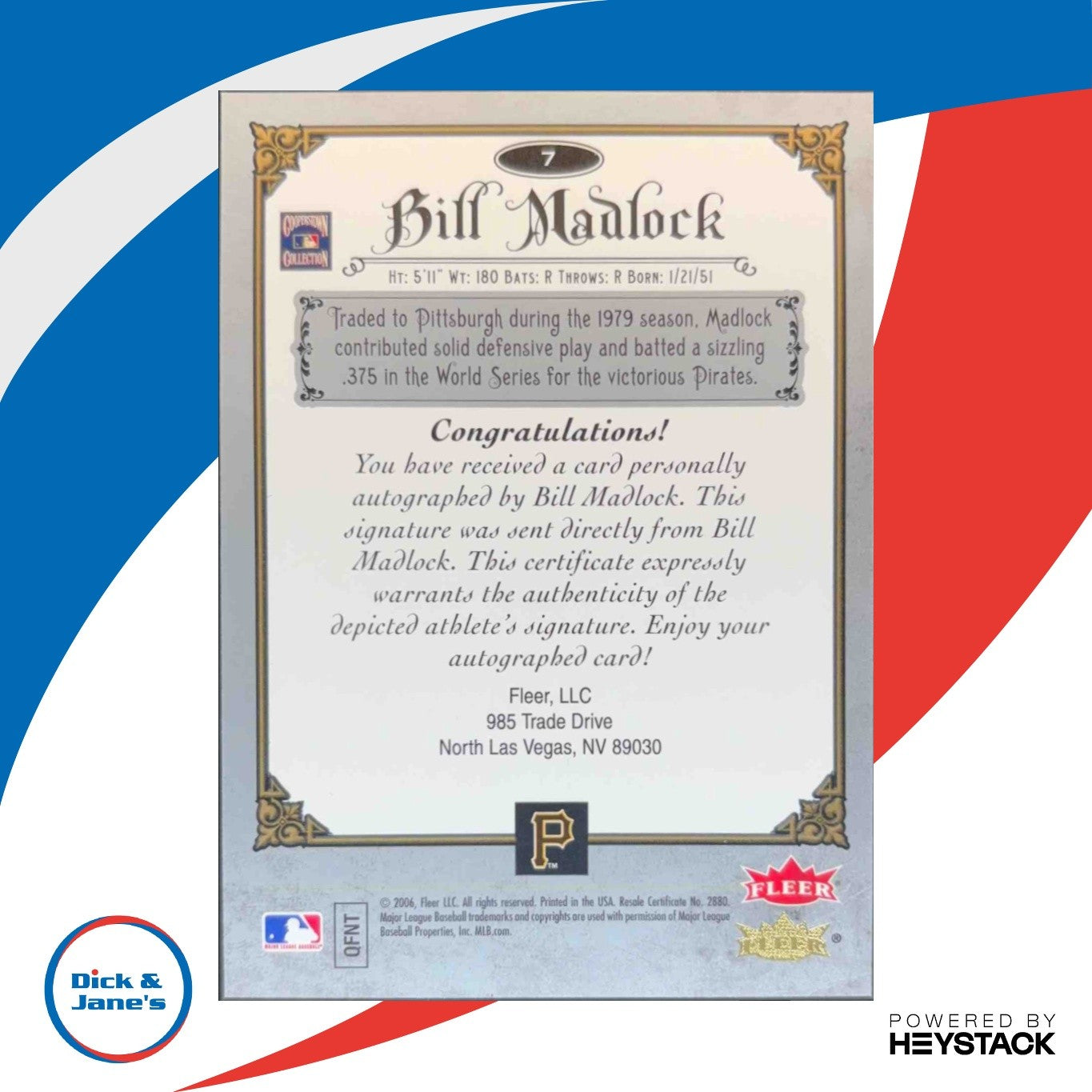 2006 Fleer Greats of the Game Bill Madlock Autograph #7 Pittsburgh Pirates