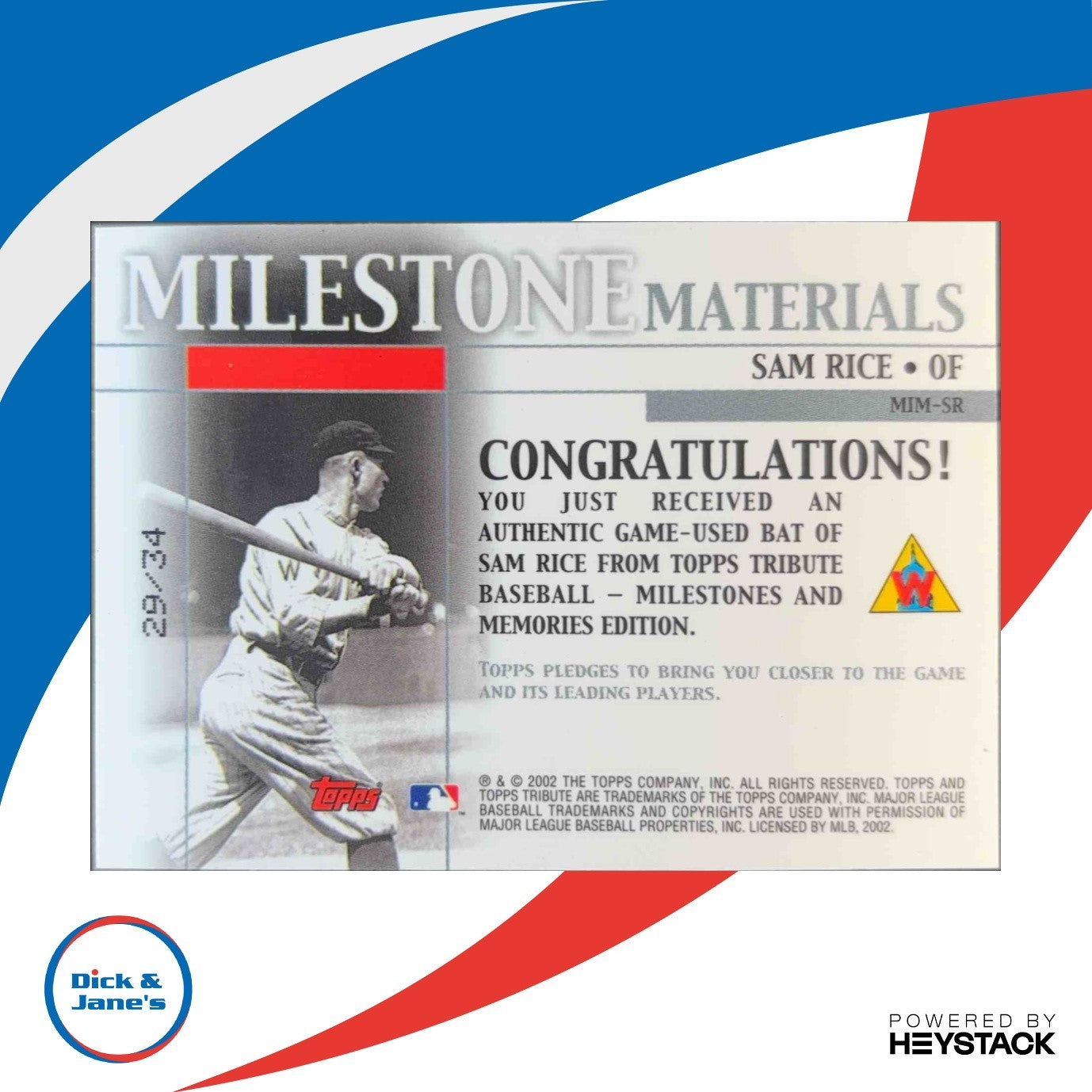 2002 Topps Tribute Sam Rice Milestone Materials Season Bat 29/34 Washington