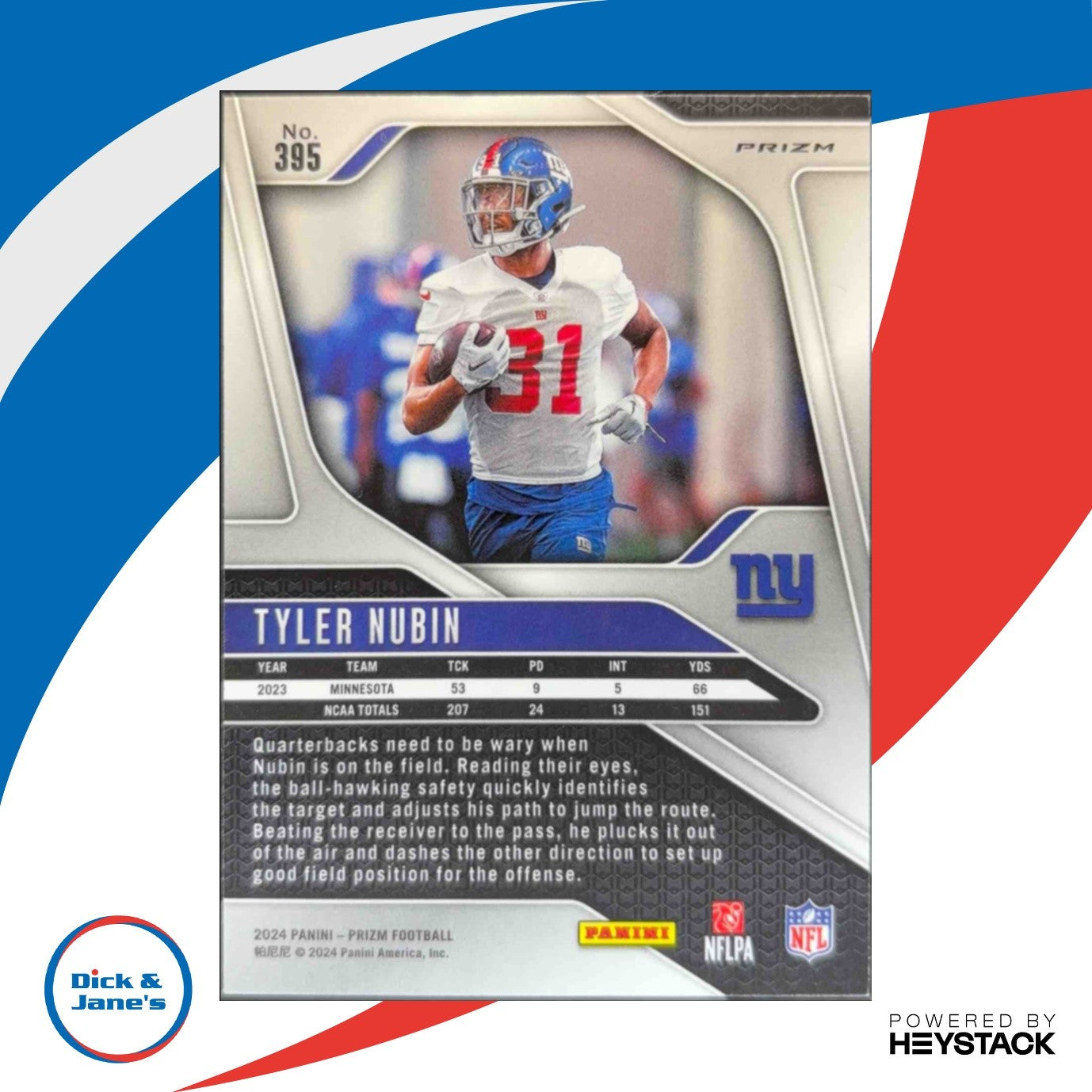 2024 Panini Prizm Tyler Nubin Black and White Checker #395 RC New York Giants
