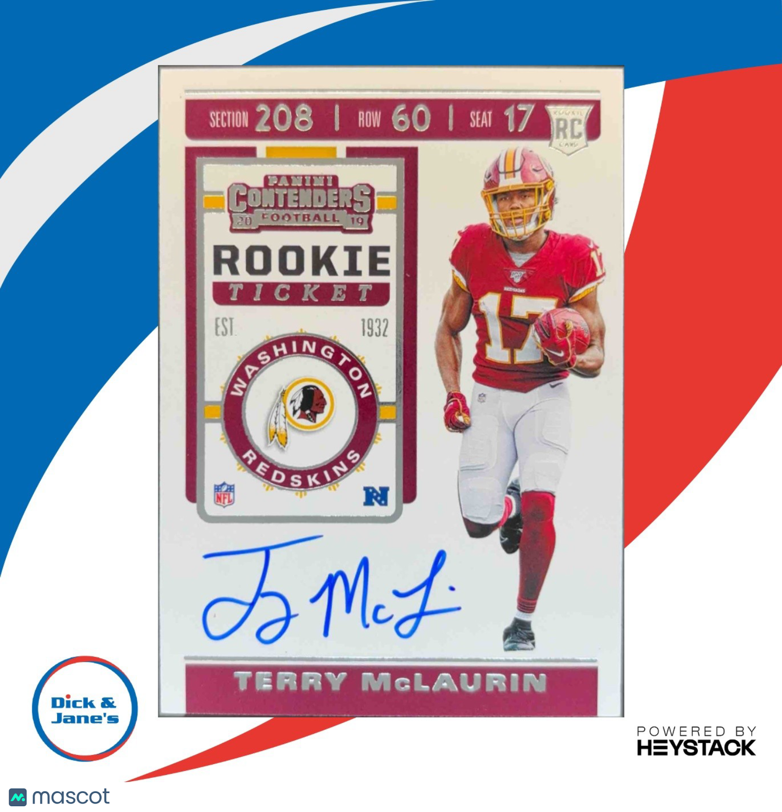2019 Panini Contenders Terry McLaurin #130 RC Rookie Ticket Auto Washington