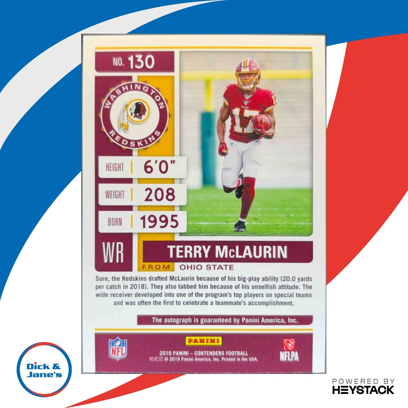 2019 Panini Contenders Terry McLaurin #130 RC Rookie Ticket Auto Washington