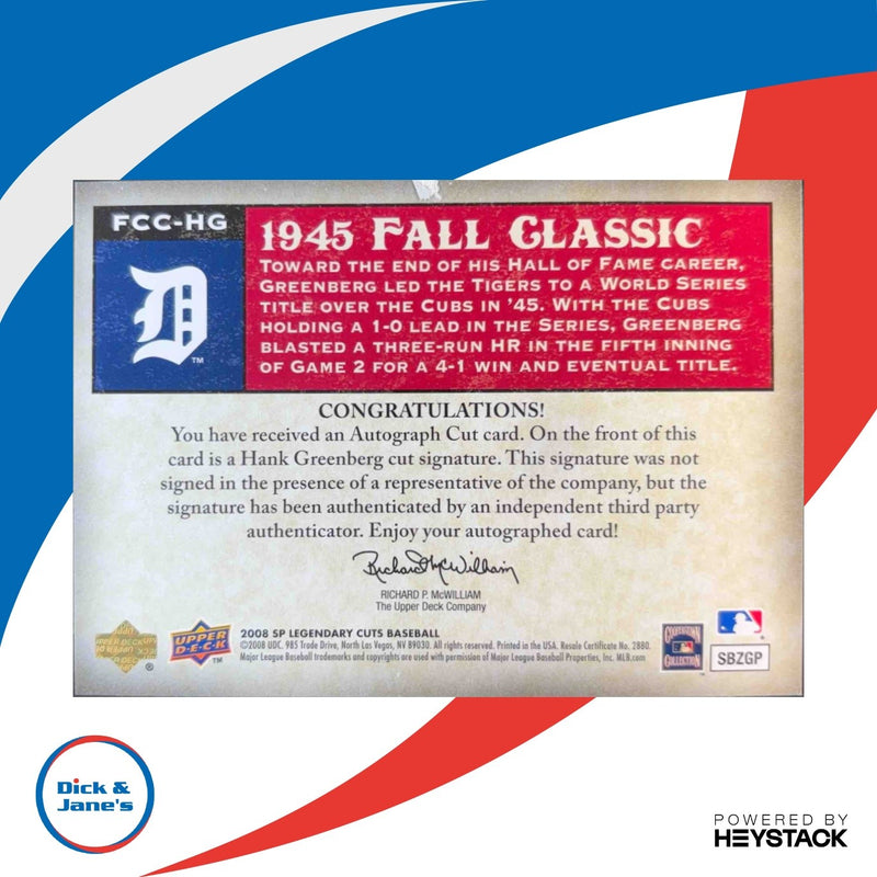 2008 SP Legendary Cuts Hank Greenberg Fall Classic Cut Signatures 12/15 Auto