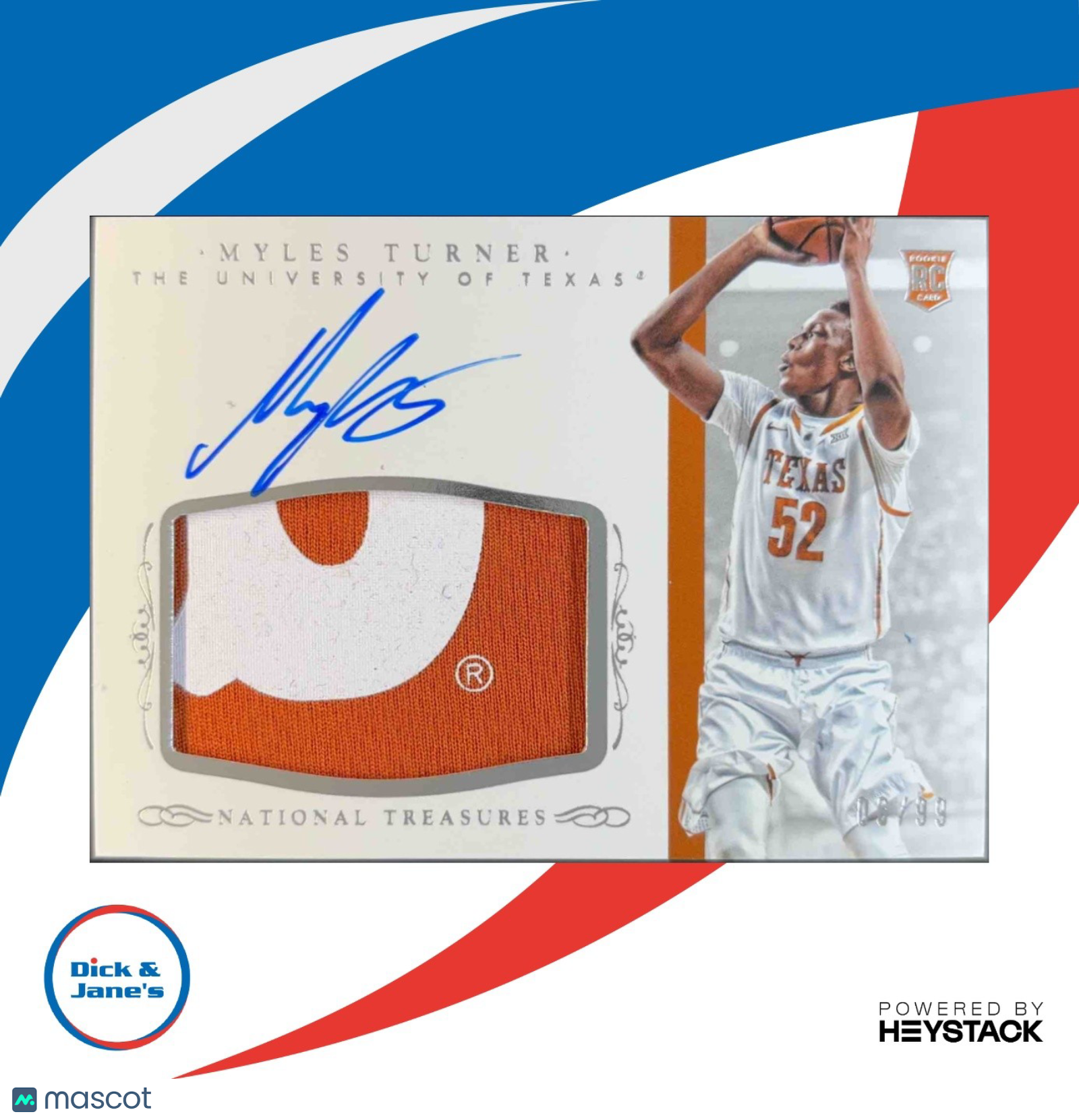 2015-16 Panini National Treasures Myles Turner 06/99 Patch Rookie Auto Pacers