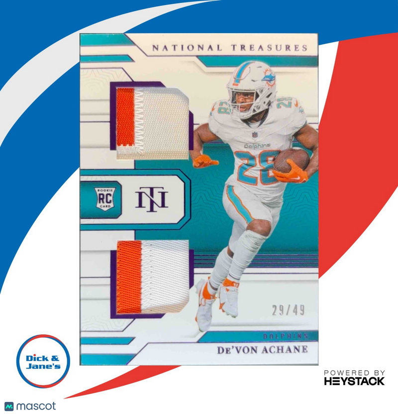 2023 National Treasures De'Von Achane Rookie Dual Materials Purple /49 Dolphins