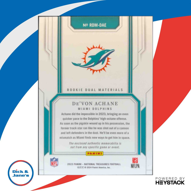 2023 National Treasures De'Von Achane Rookie Dual Materials Purple /49 Dolphins