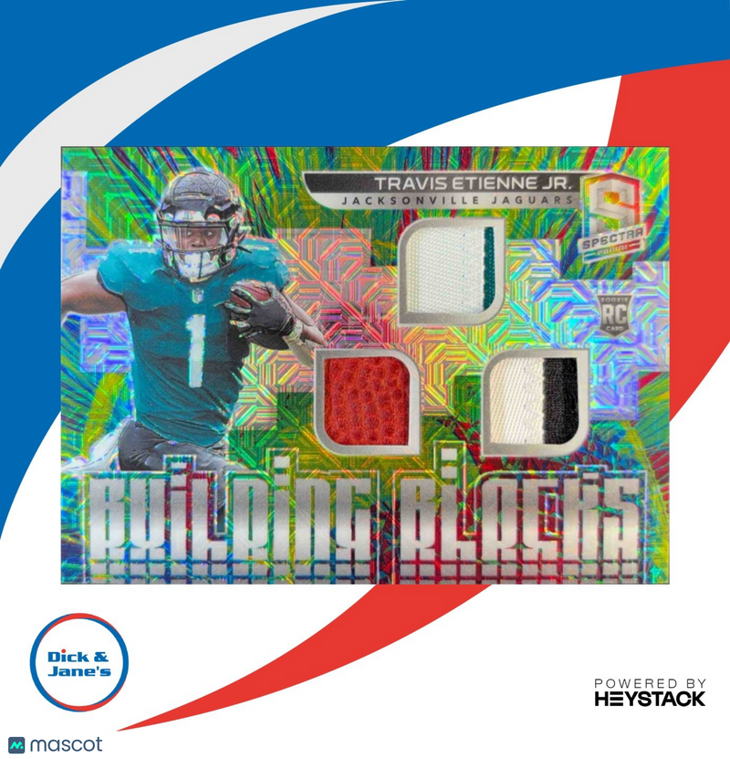 2021 Panini Spectra Travis Etienne Jr. Building Blocks Neon Green 21/25 Jags RC