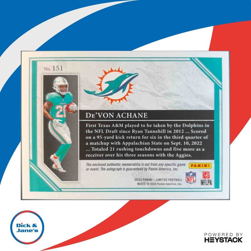 2023 Panini Limited De'Von Achane Silver Spotlight 13/75 RC Auto Miami Dolphins