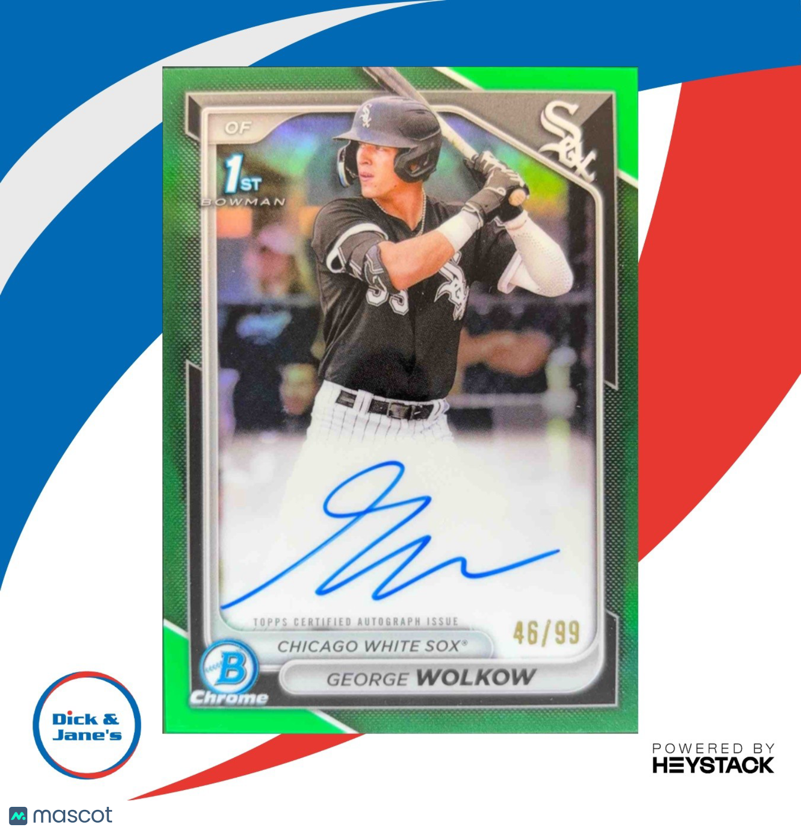 2024 Bowman George Wolkow Chrome Auto Green Refractor 46/99 1st Pro White Sox