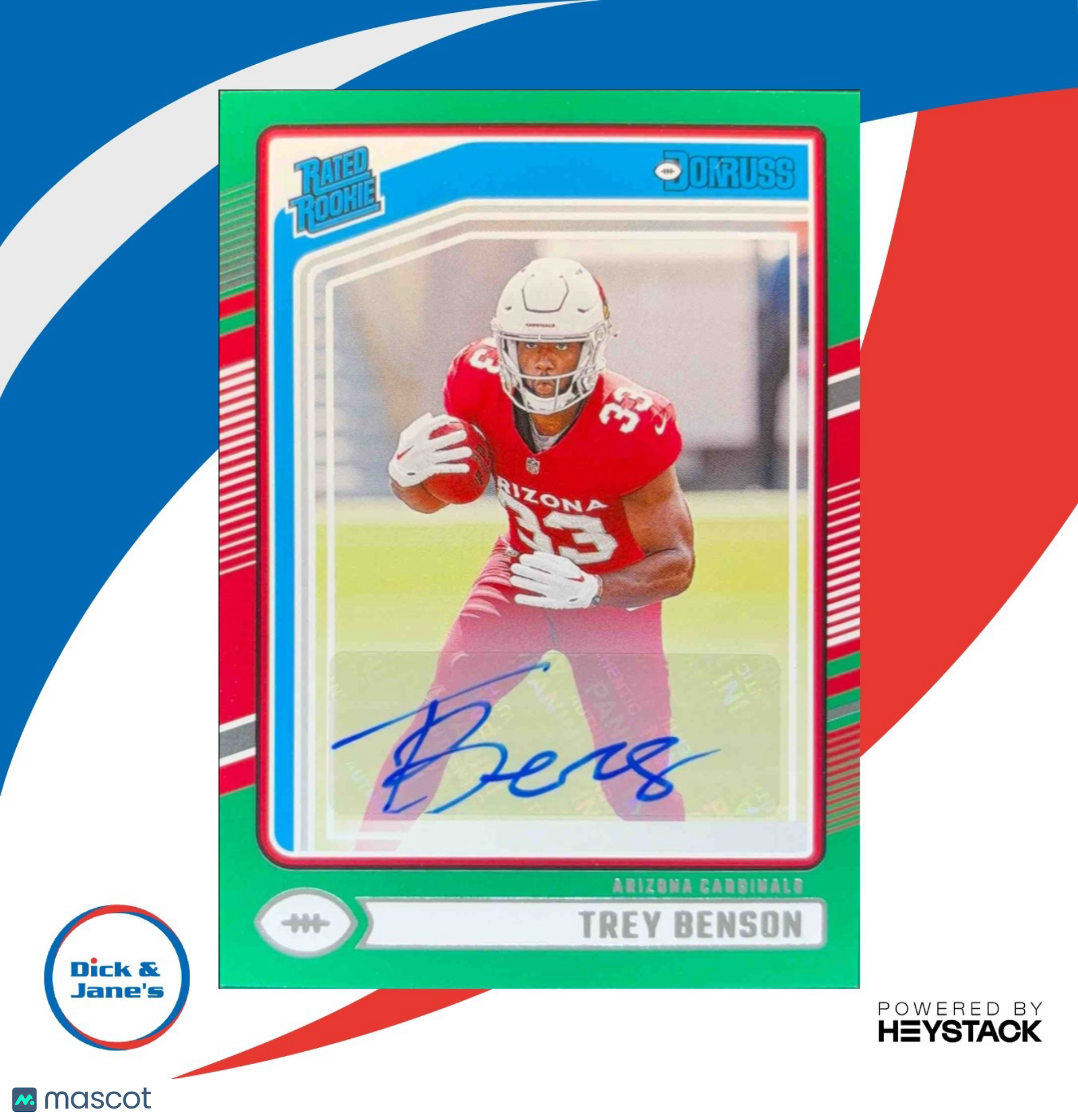 2024 Panini Donruss Trey Benson Rated Rookie Auto Green 326 RC Arizona Cardinals