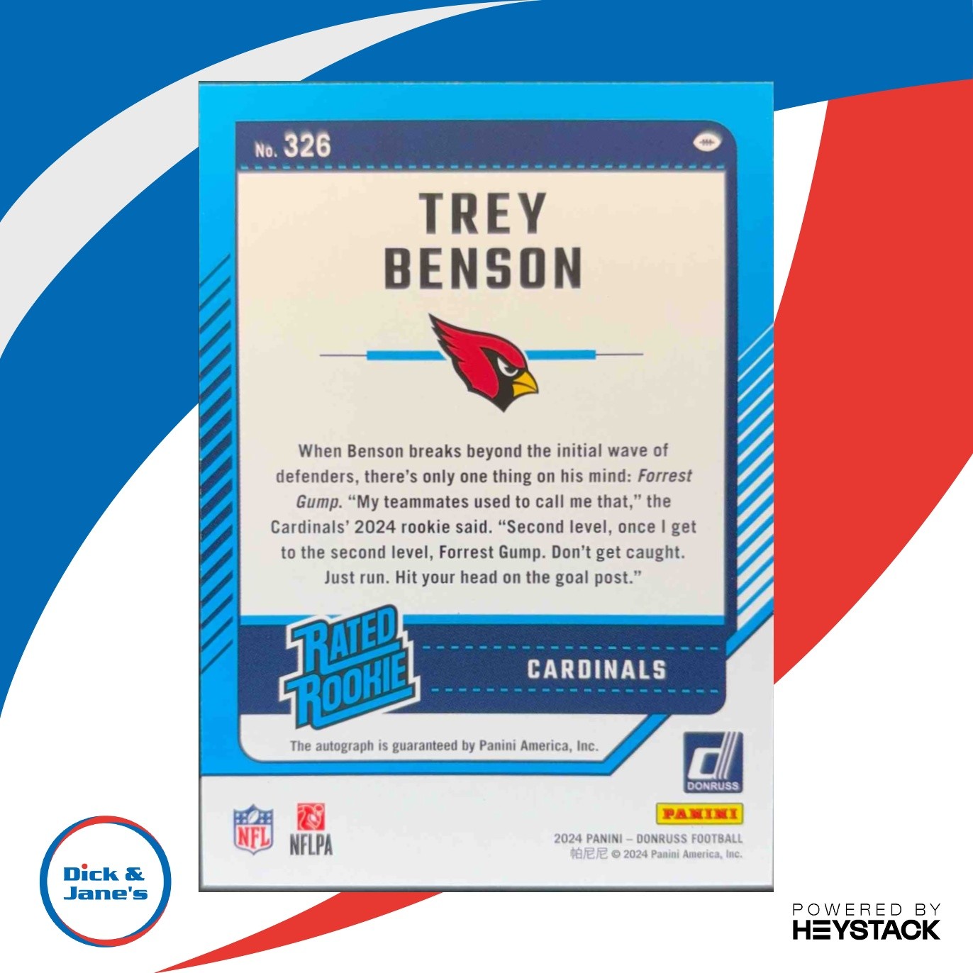 2024 Panini Donruss Trey Benson Rated Rookie Auto Green 326 RC Arizona Cardinals