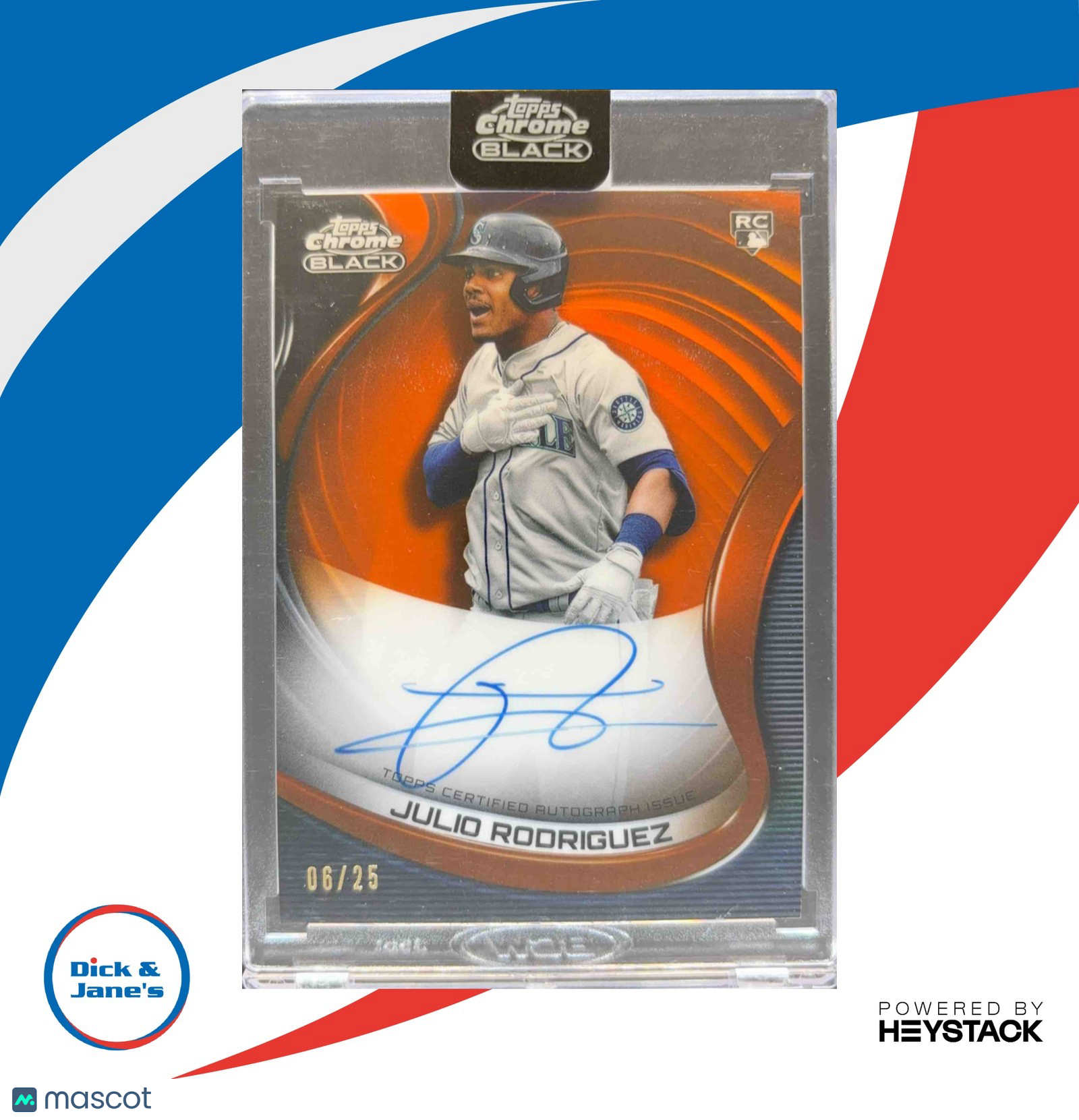 2023 Topps Chrome Black Julio Rodriguez RC Auto Orange Refractor 6/25 Mariners