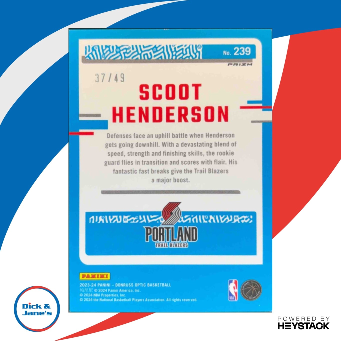 2023-24 Donruss Optic Scoot Henderson Green Velocity Prizm 37/49 RC Rated Rookie