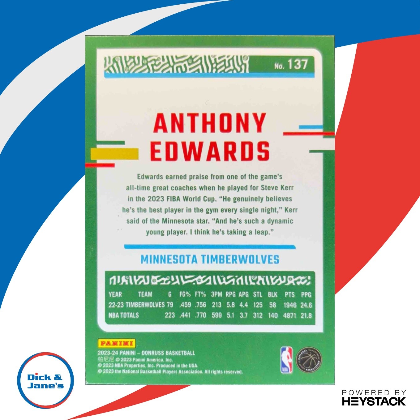 2023-24 Panini Donruss Anthony Edwards Pink Laser Holo /50 #137 Timberwolves