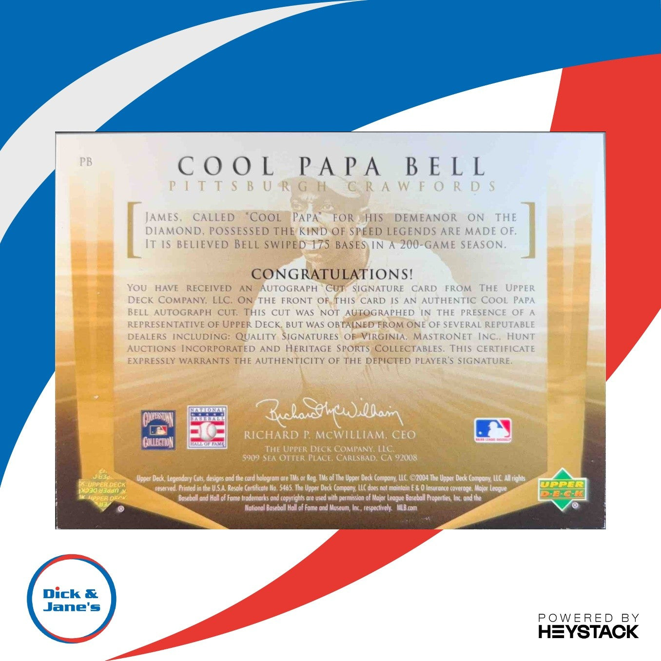 2004 SP Legendary Cuts Autographs #PB James Cool Papa Bell 29/47 Crawfords RARE!