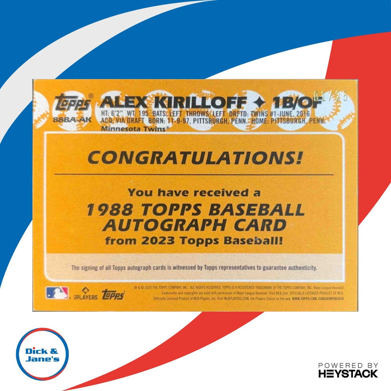 2023 Topps Alex Kirilloff 1988 Baseball 35th Anniversary Auto S2 Red 1/25 Auto