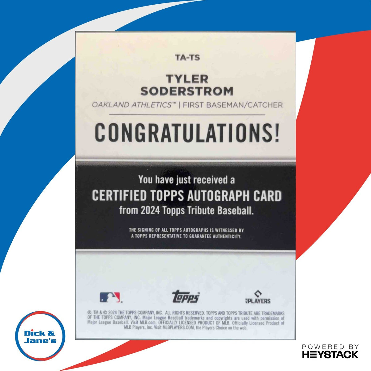 2024 Topps Tribute Tyler Soderstrom Auto 108/199 #TA-TS RC Oakland Athletics