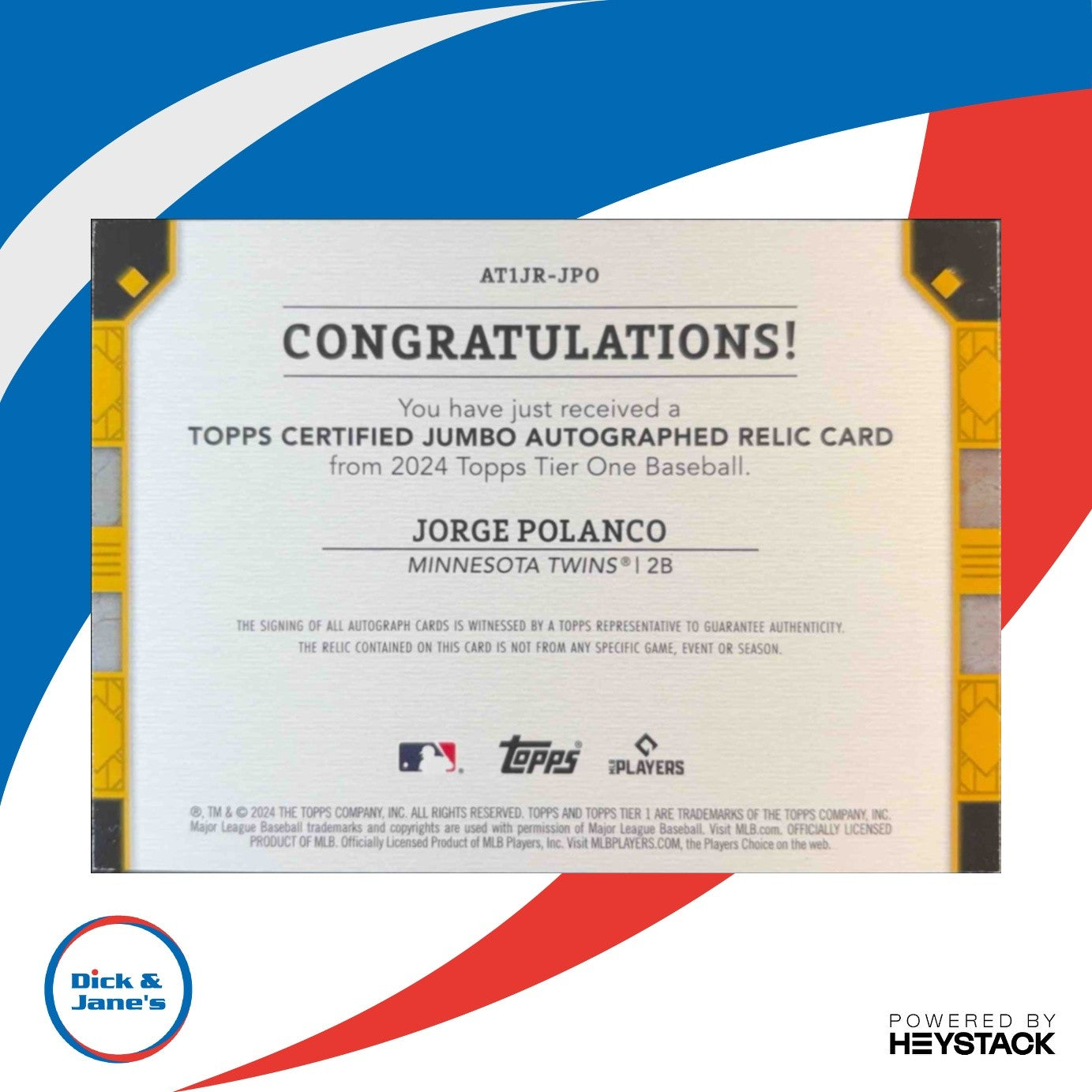 2024 Topps Tier One Jorge Polanco Autographed Relics Jumbo Green 5/49 Minnesota