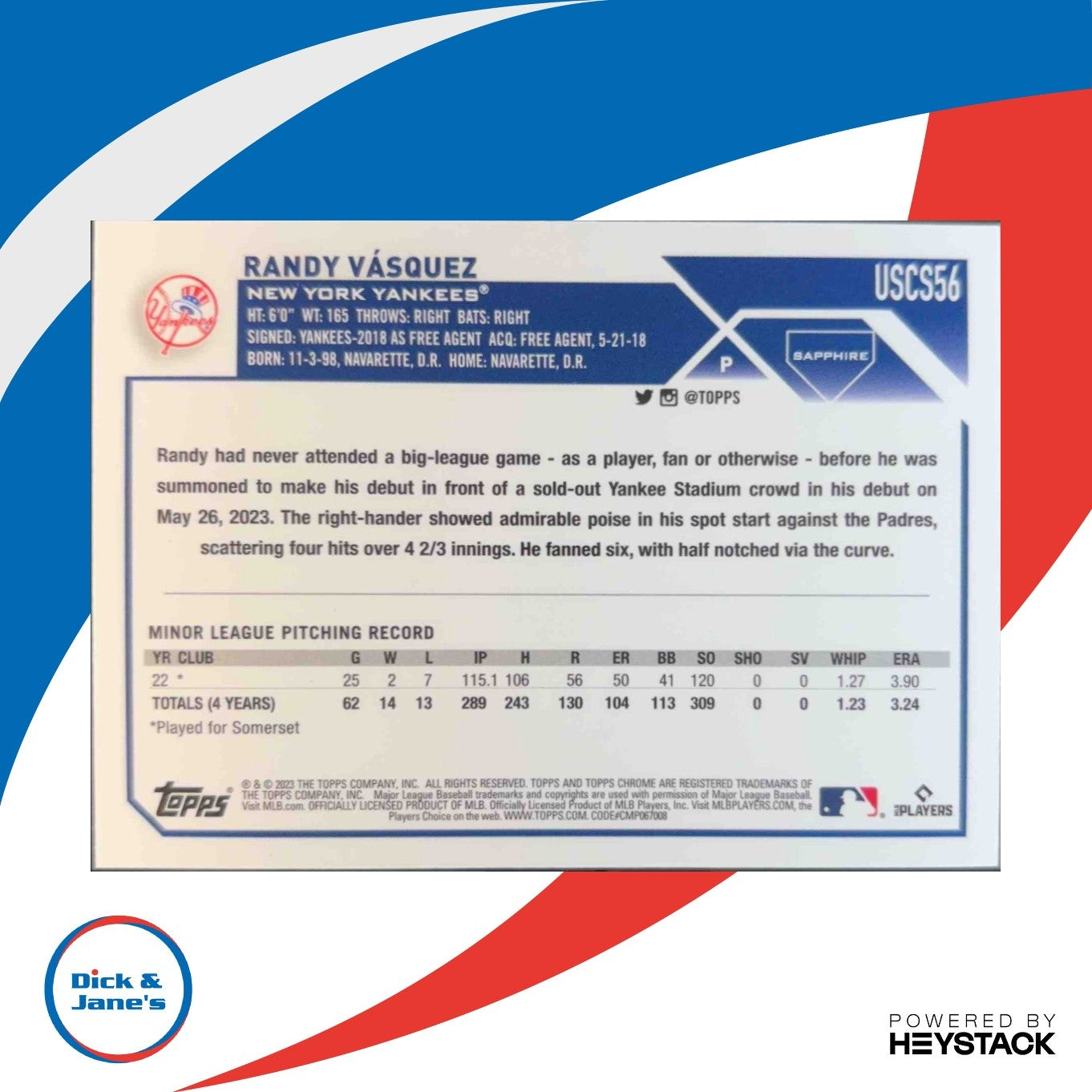2023 Topps Chrome Update Sapphire Randy Vasquez Orange 15/25 RC New York Yankees