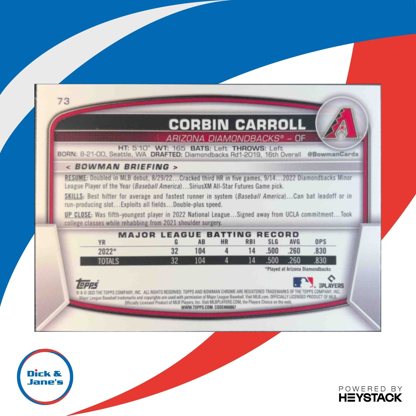 2023 Bowman Corbin Carroll Mega Box Mojo Refractor #73 RC Arizona Diamondbacks