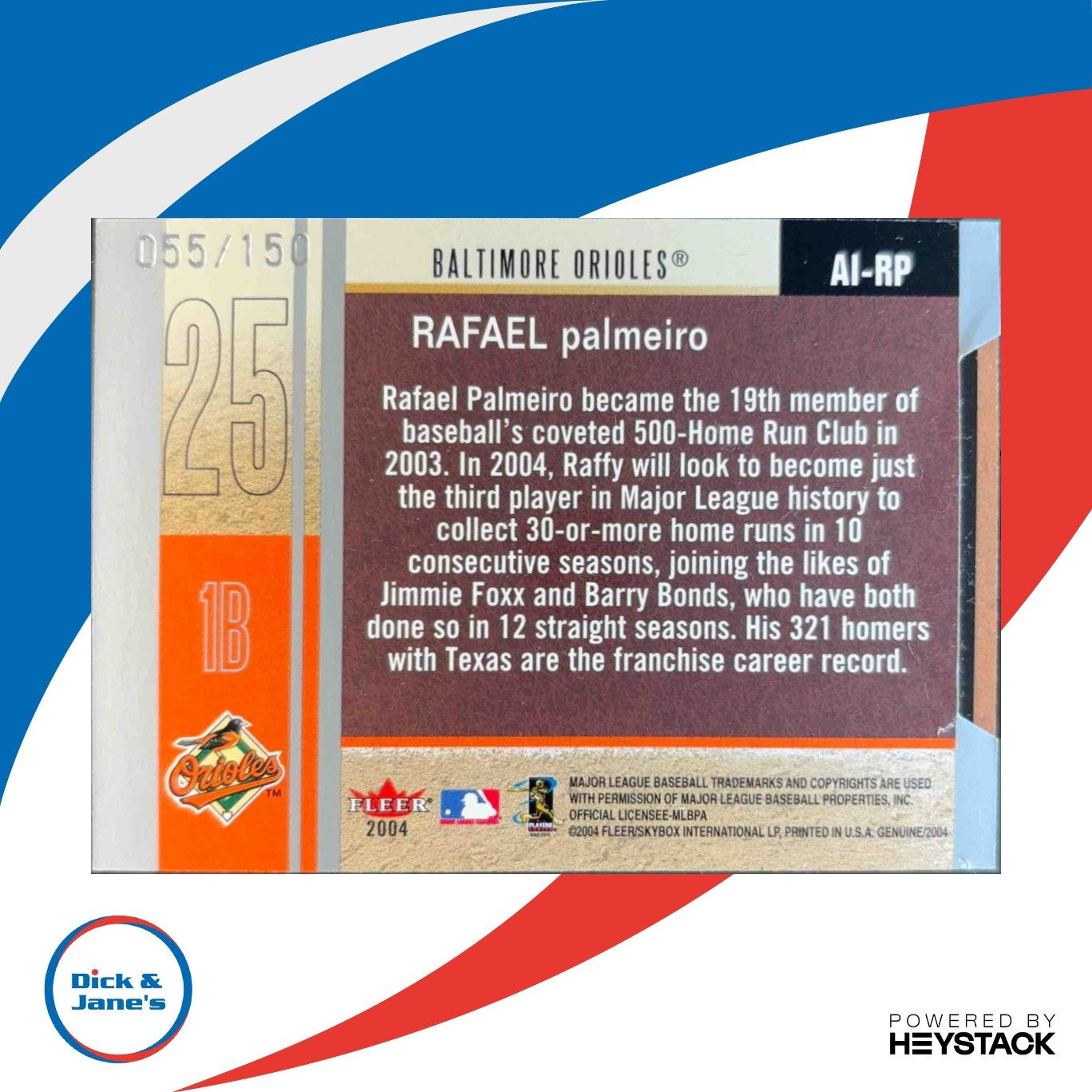 2004 Fleer Genuine Insider Rafael Palmeiro Auto /550 #AI-RP Baltimore Orioles