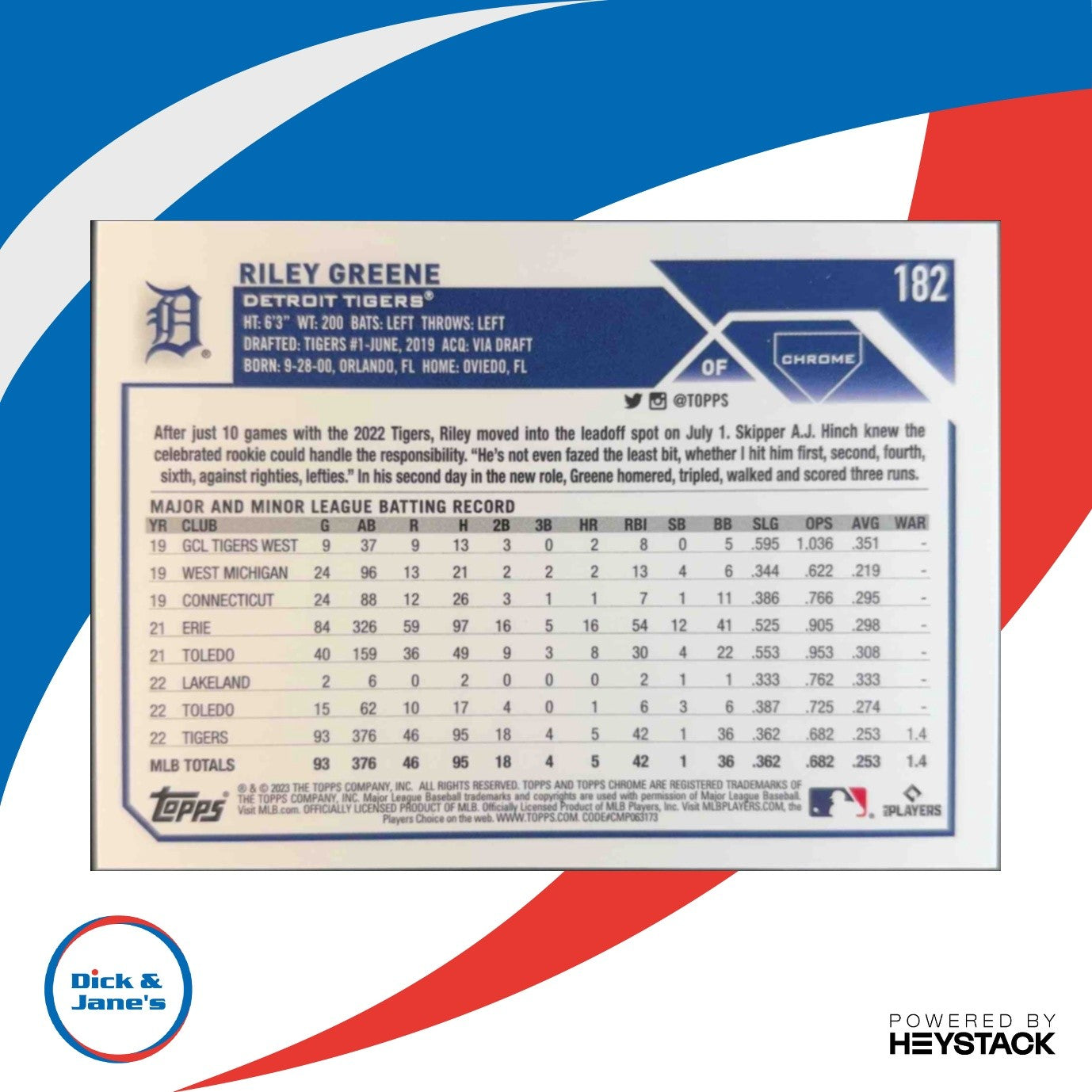 2023 Topps Chrome Riley Greene #182b SP Signing Variation Detroit Tigers