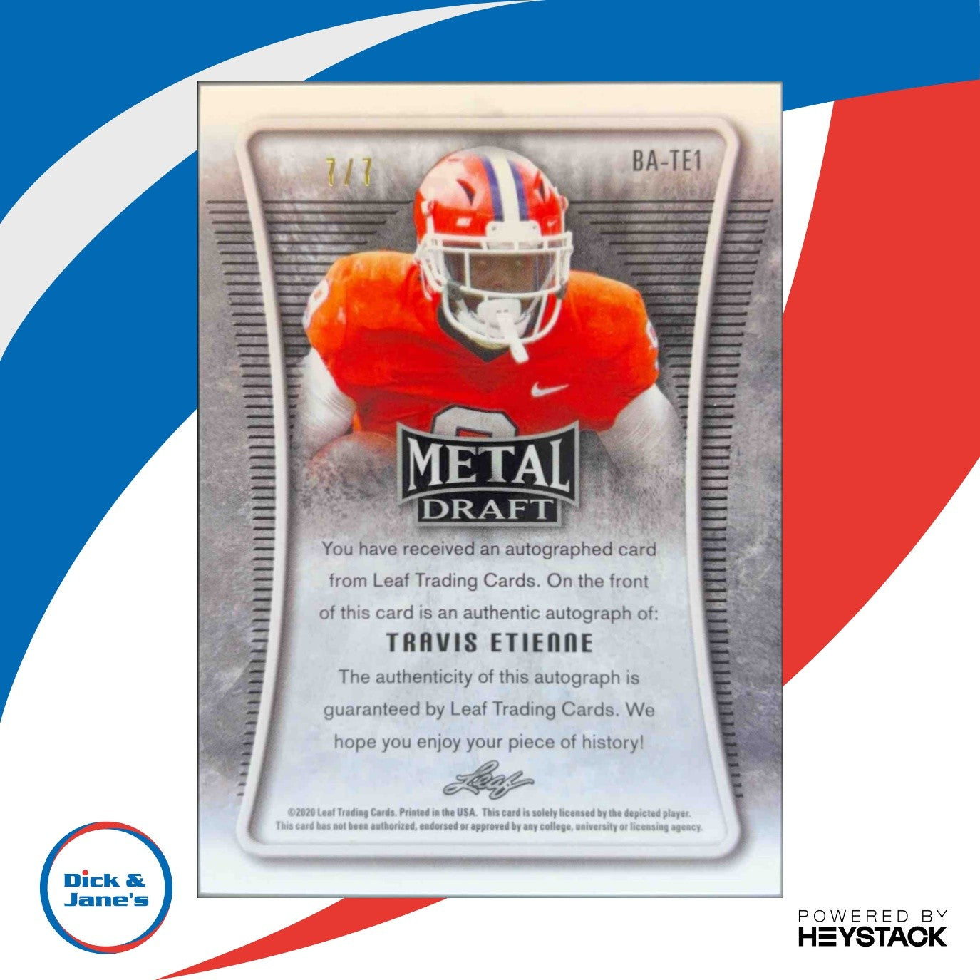2021 Leaf Metal Draft Travis Etienne Portrait Auto Wave Black /7 Clemson Tigers