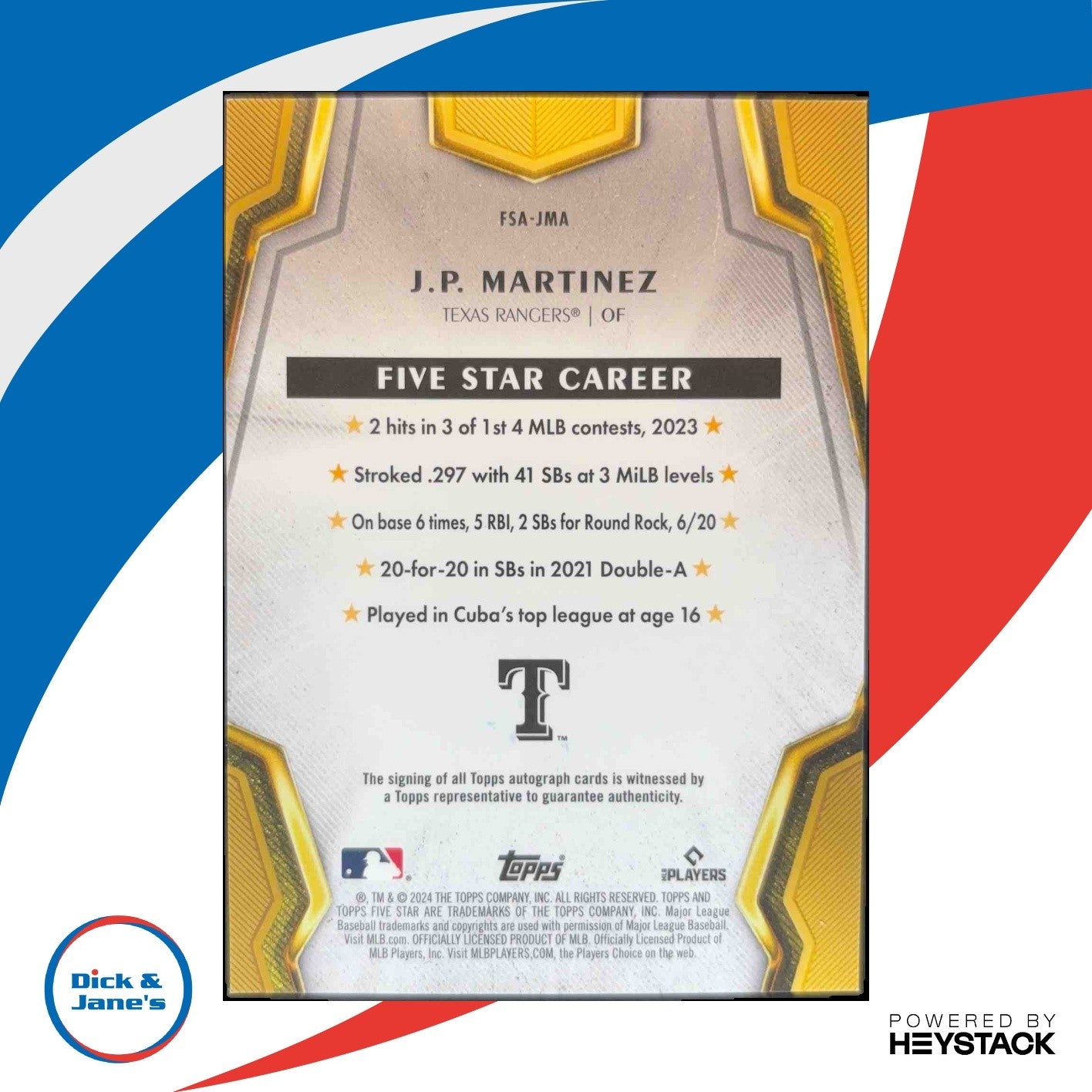 2024 Topps Five Star J.P. Martinez #FSA-JMA RC Auto Texas Rangers