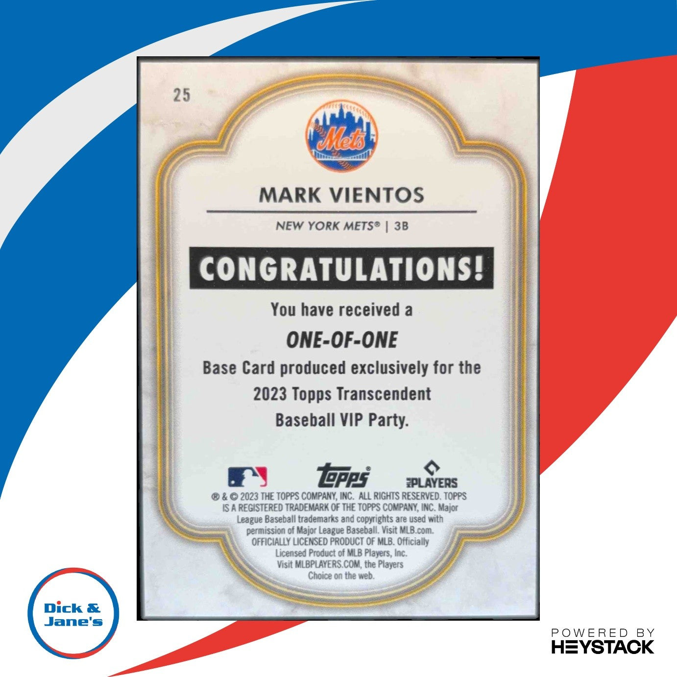 2023 Topps Transcendent VIP Party Mark Vientos 1/1 #25 Auto New York Mets