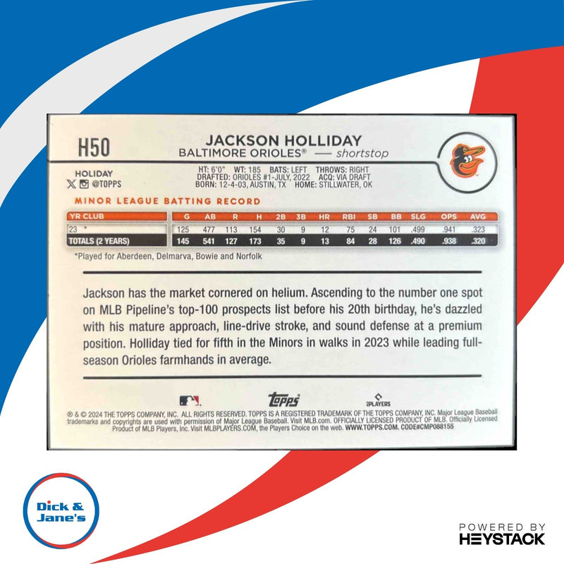 2024 Topps Holiday Jackson Holliday Variation Short Prints H50 Orioles SP Rookie