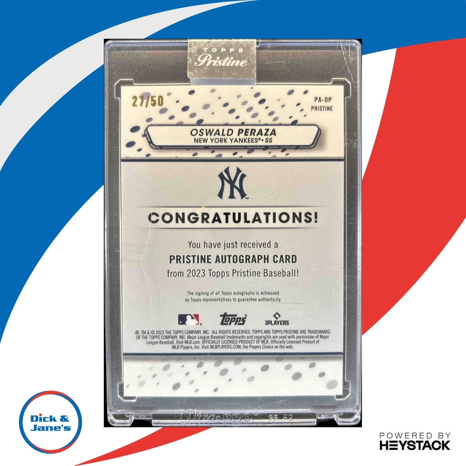 2023 Topps Pristine Oswald Peraza Auto Gold Refractor 27/50 RC New York Yankees