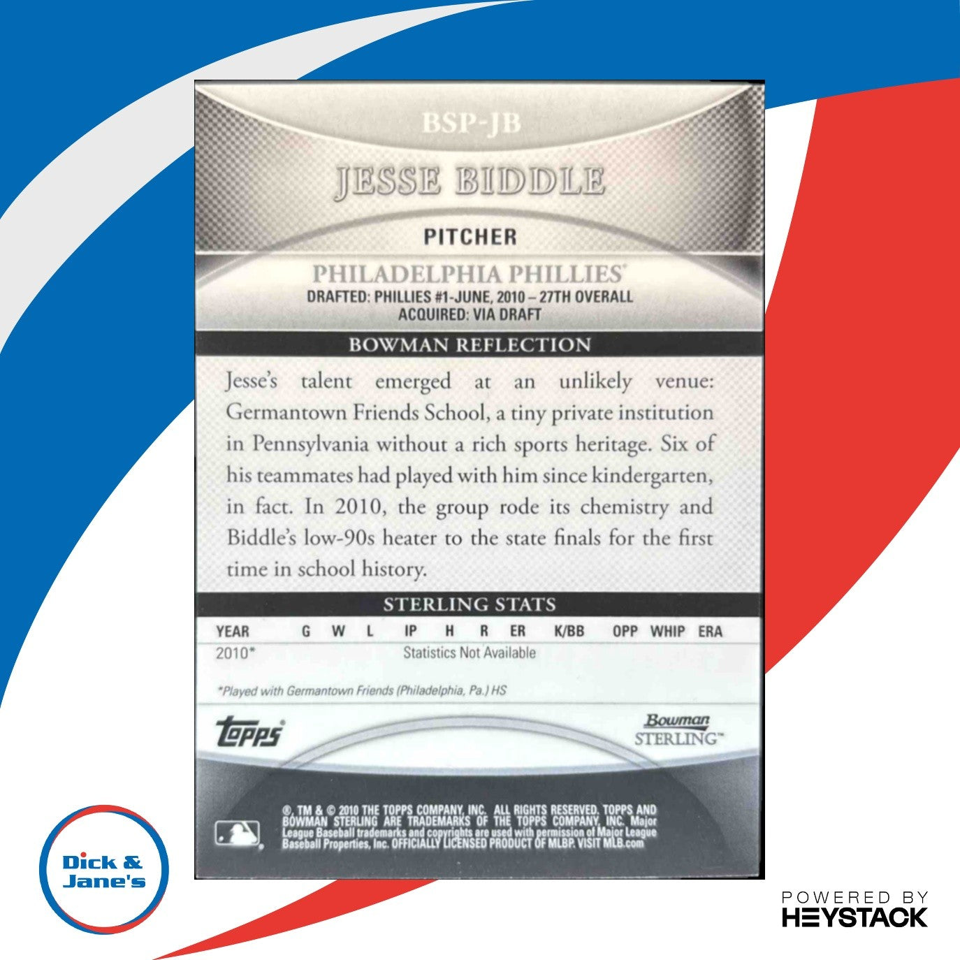 2010 Bowman Sterling Jesse Biddle Prospect Auto #BSP-JB Philadelphia Phillies