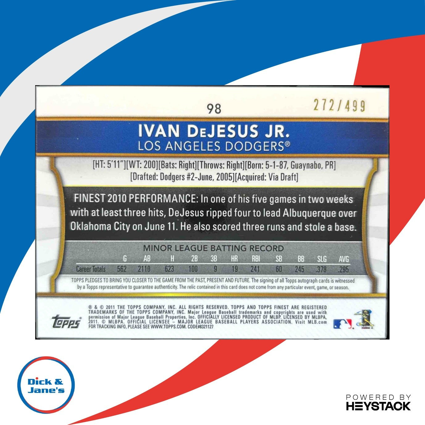 2011 Topps Finest Ivan DeJesus Jr. Rookie Dual Relic Auto Refractor 272/499
