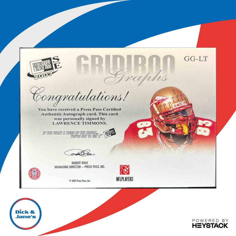 2007 Press Pass SE Lawrence Timmons Gridiron Graphs Gold Auto FSU Seminoles
