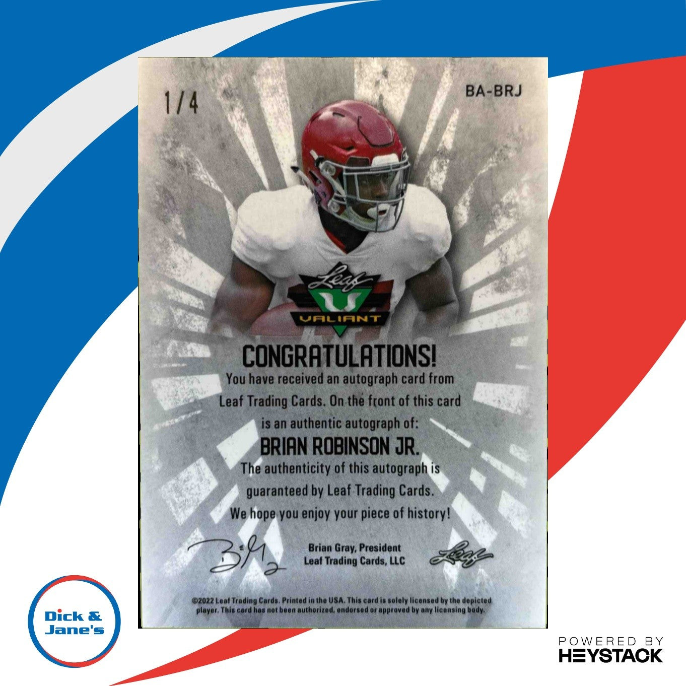 2022 Leaf Valiant Brian Robinson Jr. Lightning /4 RC Auto Alabama Crimson Tide