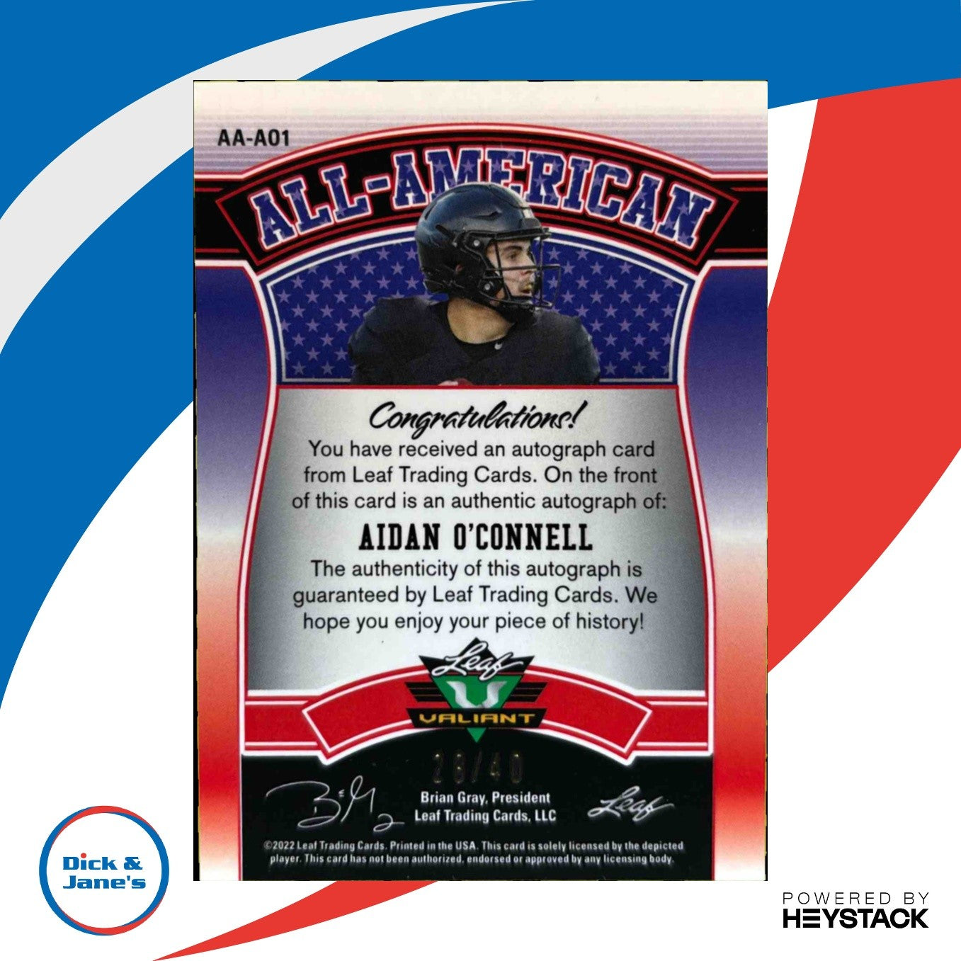 2022 Leaf Valiant Aidan O'Connell All American Auto Green/40 Purdue Boilermakers
