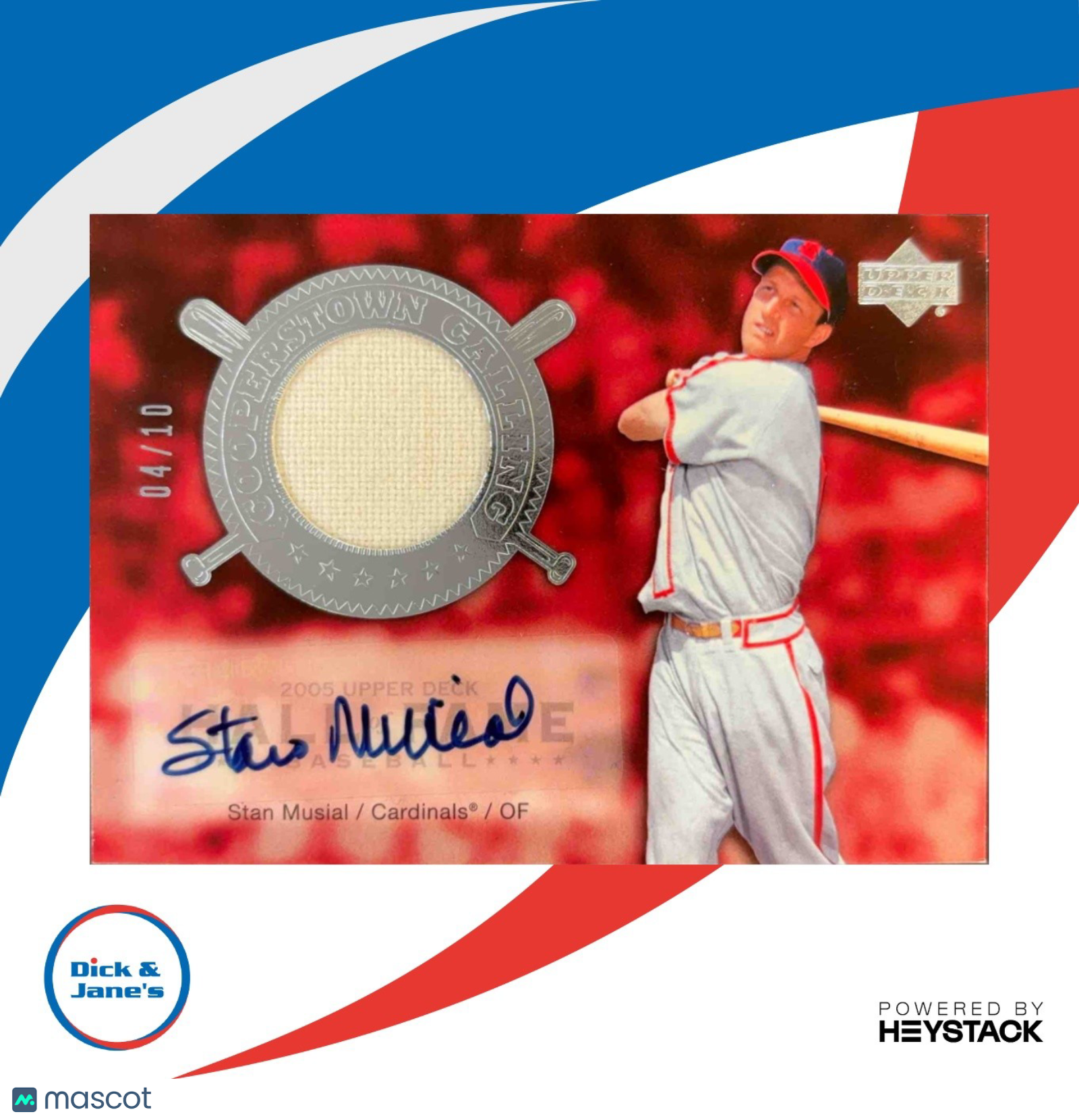 2005 Upper Deck Hall of Fame Stan Musial Cooperstown Calling Auto Material 04/10
